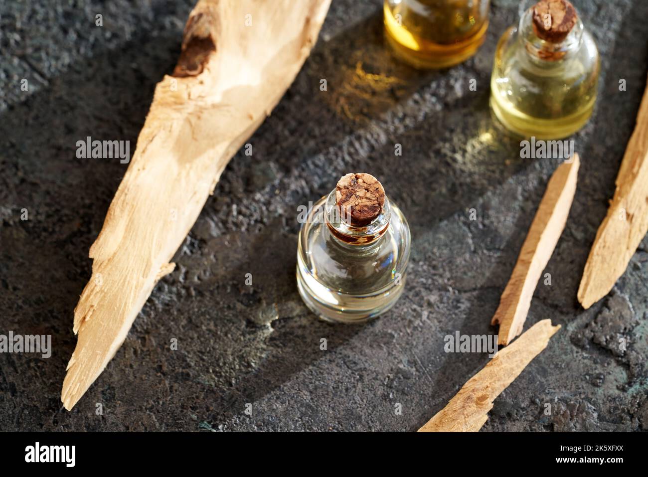 A bottle of essential oil with pieces of white sandalwood on dark background Stock Photo