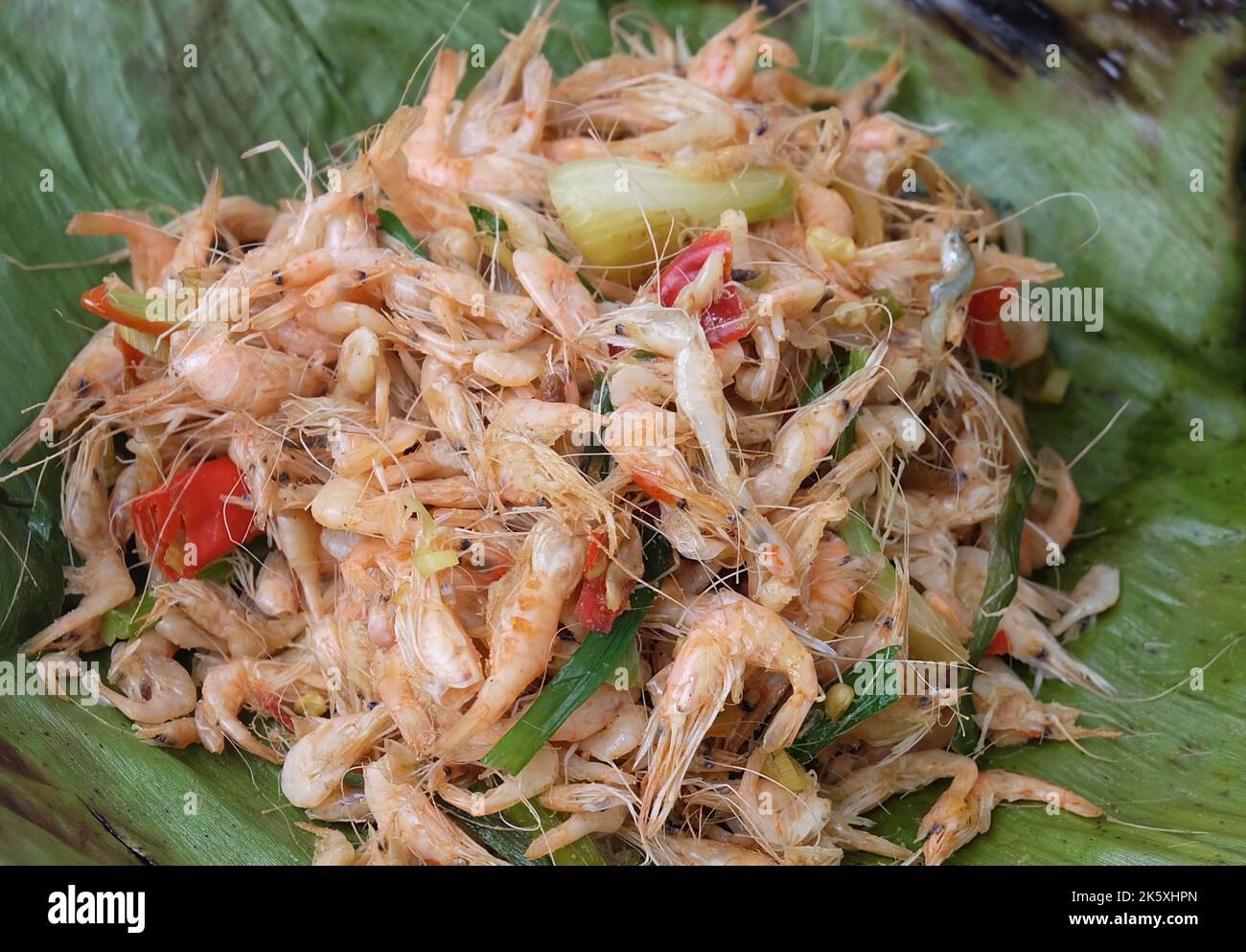 Thai Cuisine and Food, Spicy Shrimp Salad Mixing with Shallot, Chillies and Coriander Stock