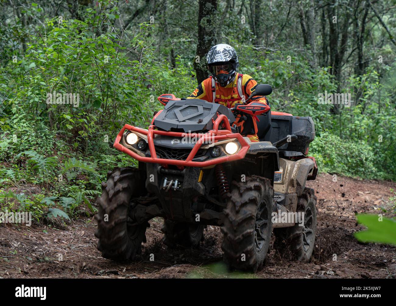 A rider taking ATV through terrain uphill Stock Photo - Alamy