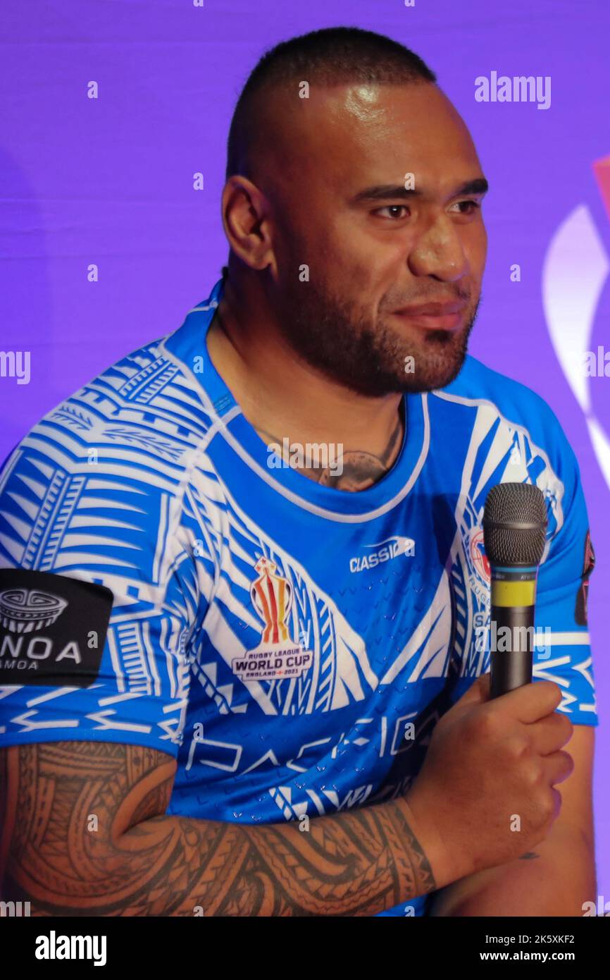 Manchester, UK. 10th Oct, 2022. Science and Industry Museum, Liverpool Road, Manchester, 10th October 2022. Rugby League World Cup 2021 Tournament Launch Junior Paulo of Samoa speaks during the Rugby League World Cup 2021 Tournament Launch Credit: Touchlinepics/Alamy Live News Stock Photo