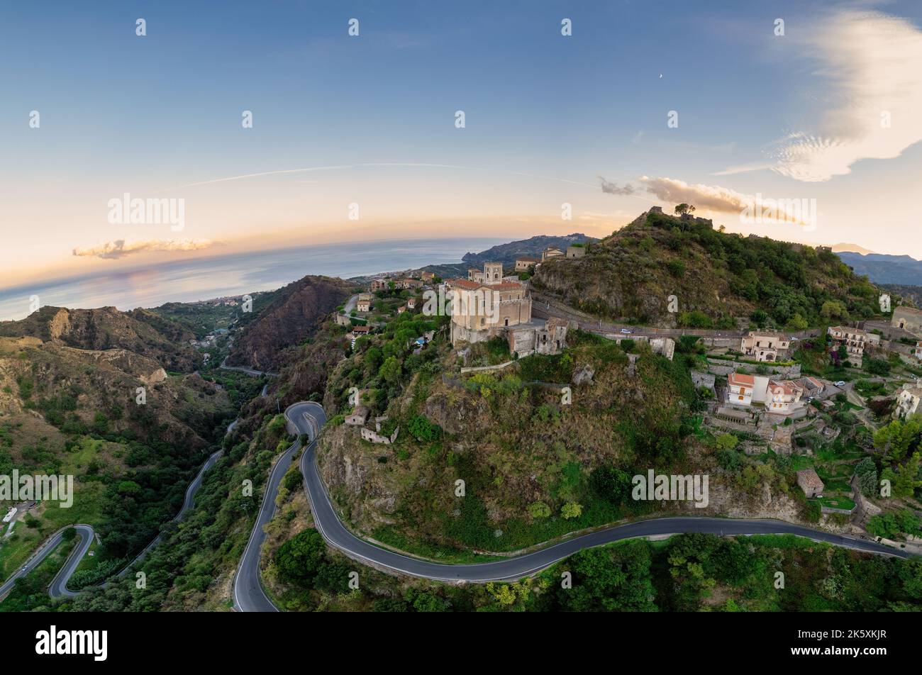Savoca village in Sicily, Italy. Aerial view of Sicilian village Savoca