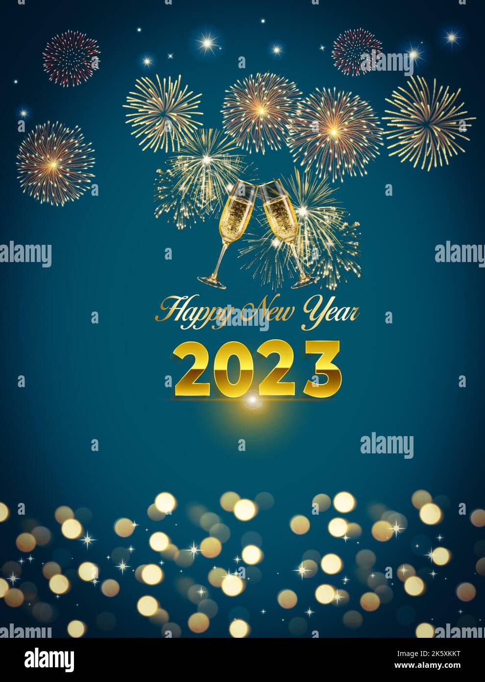 Happy new year 2023 greeting card with fireworks, Bokeh lights and ...