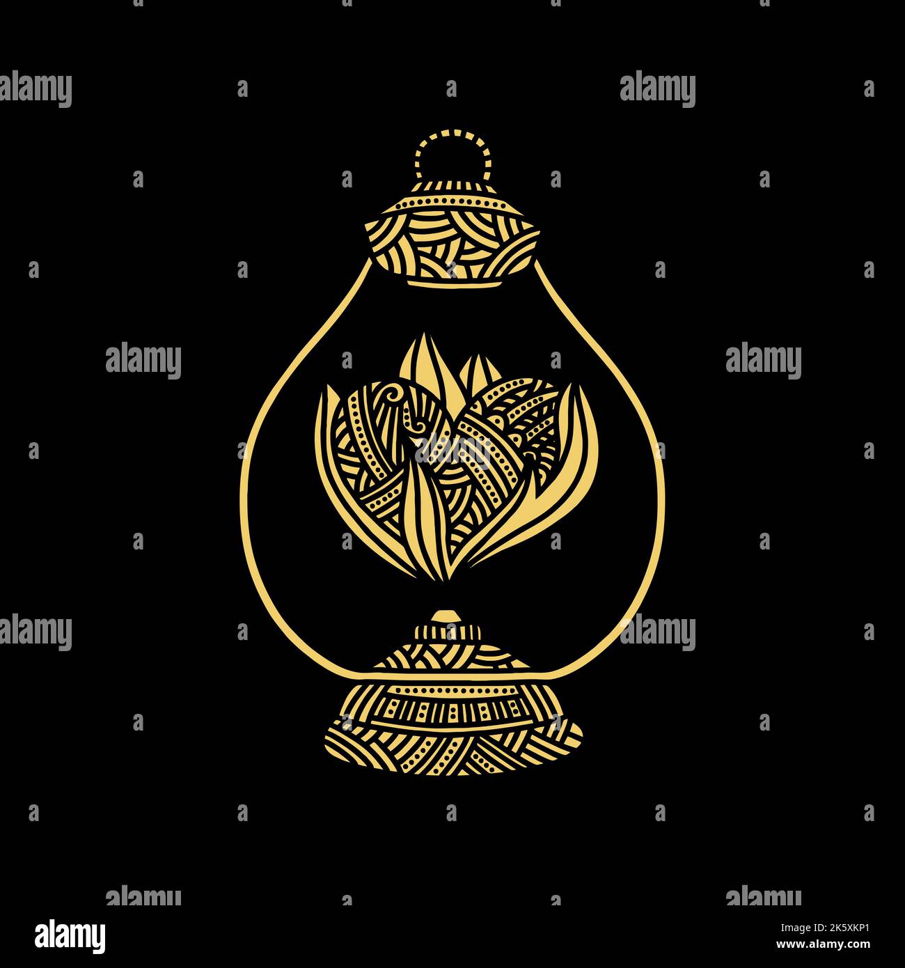 Doodle style illustration. An old, vintage oil lamp, burning heart