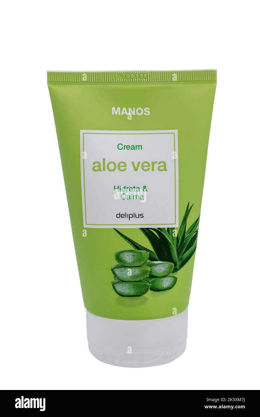 Huelva, Spain - October 10, 2022: Deliplus brand hand cream with aloe vera from the Mercadona Spanish supermarket chain. This hand cream hydrates, rep Stock Photo