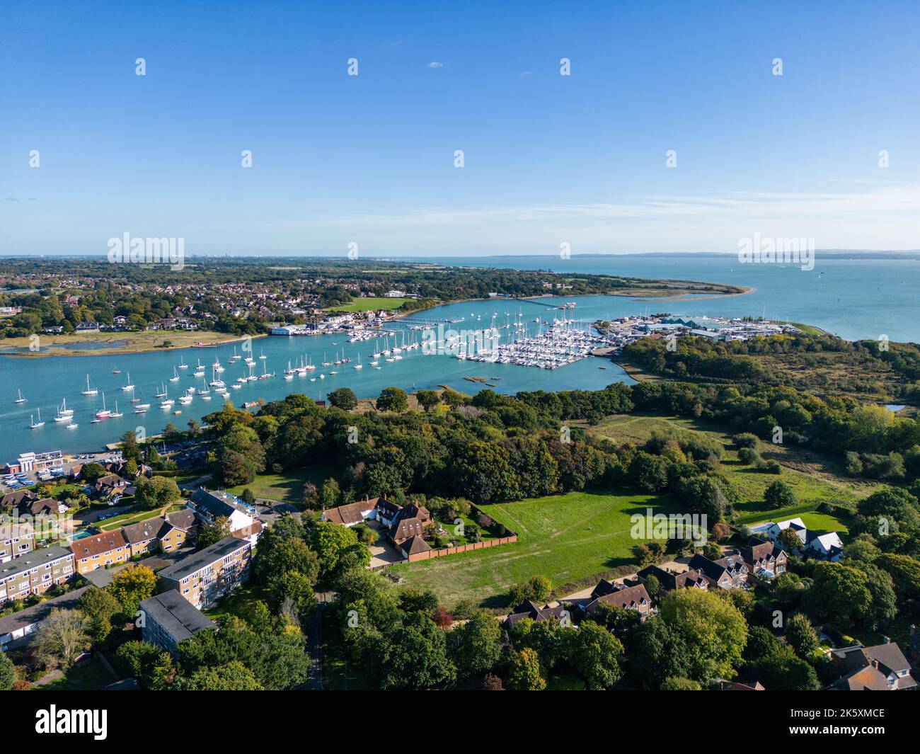 Aerial View Over Hamble, and the River Hamble in Hampshire, England on a beautiful calm and sunny October day Stock Photo