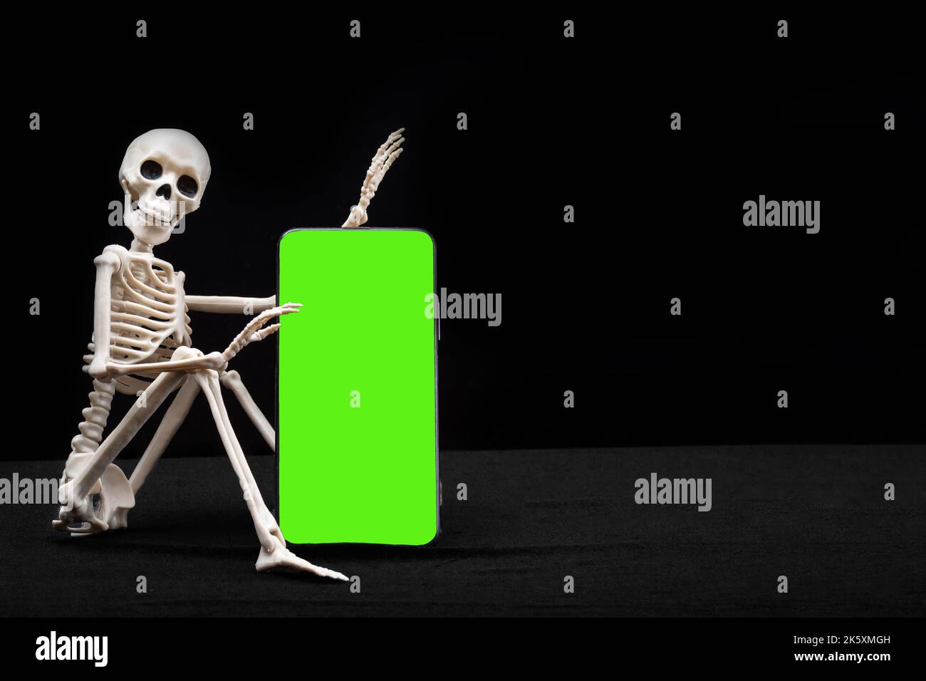 A seated skeleton is holding a smartphone with a green chromakey screen isolated on a black background, mockup, copy space. Halloween online. Online S Stock Photo