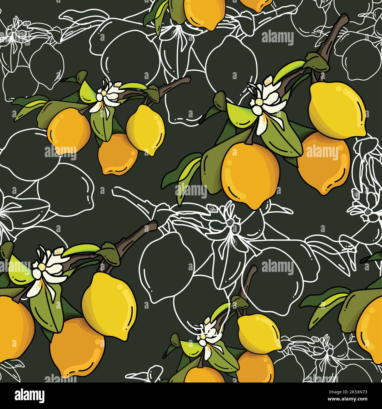 Tropical seamless pattern with yellow lemons. Fruit repeated background. Vector bright print for fabric or wallpaper. Stock Vector