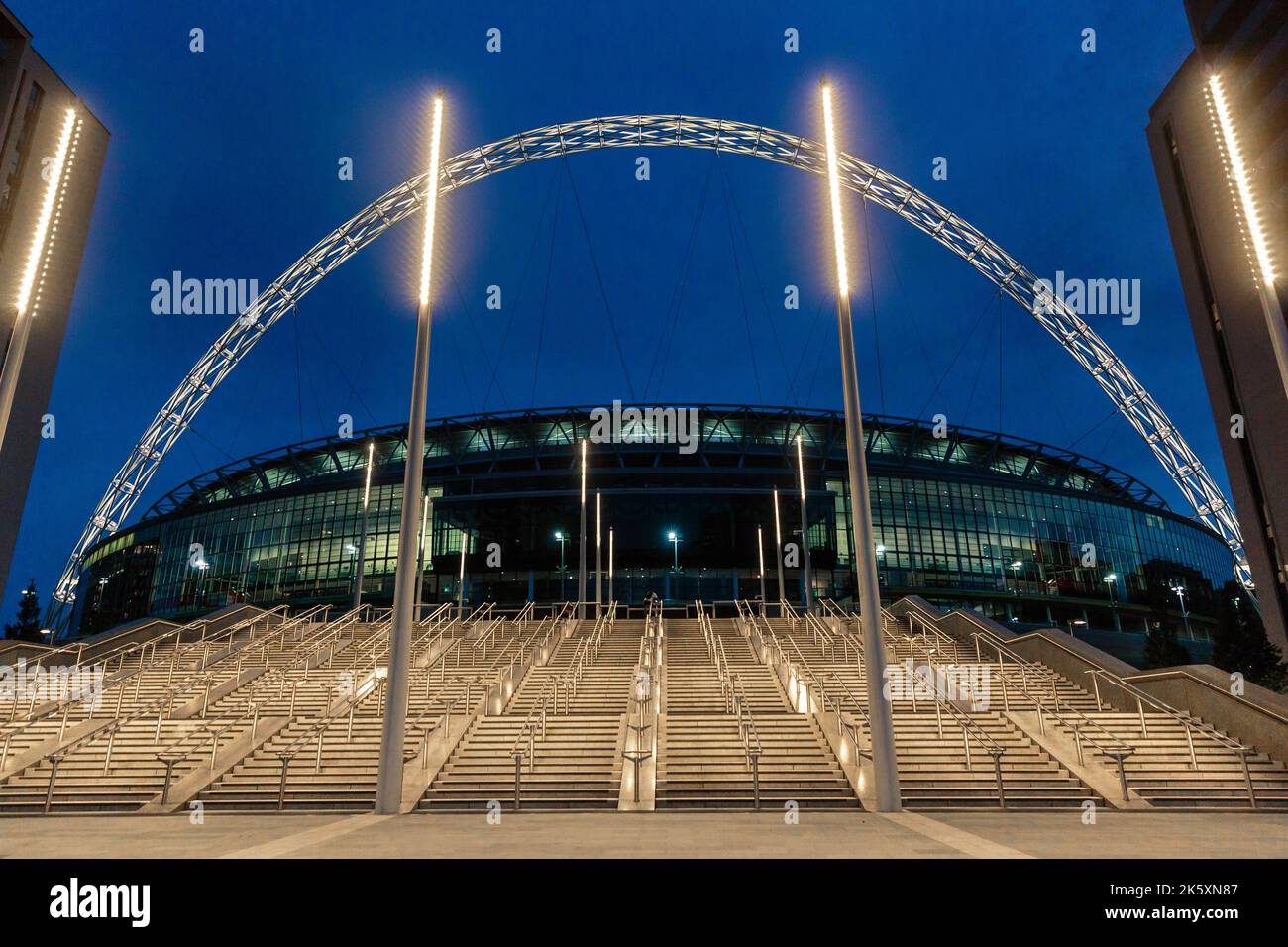 Wembley Stadium, Wembley Park, UK. Exterior of Wembley National Stadium arch and Olympic Steps