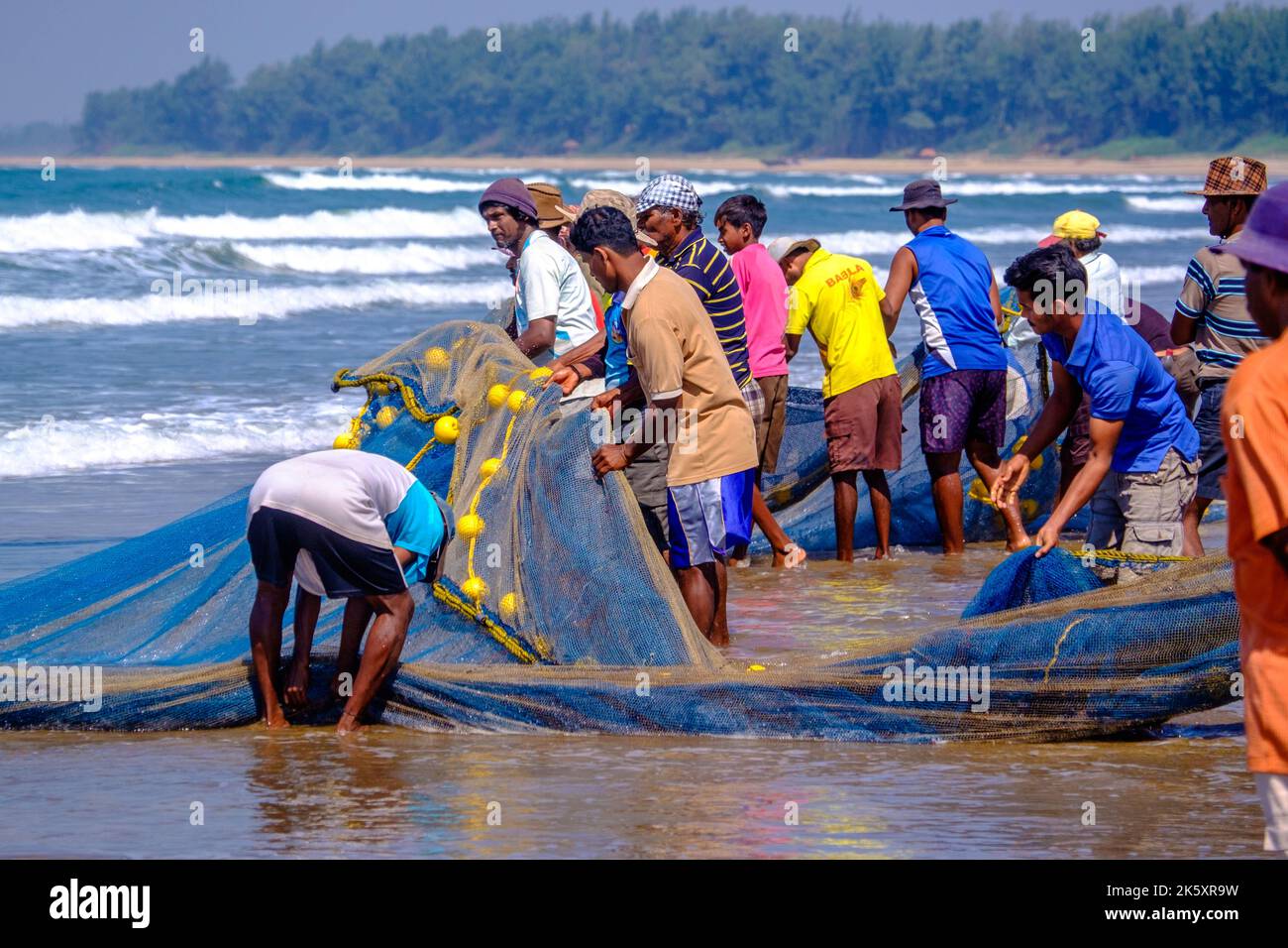 Fishermen on the Konkan Coast of India hauling fishing nets from the sea Stock Photo
