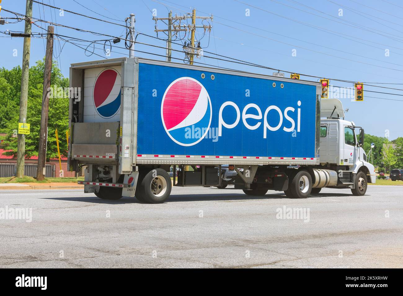 20 September 22 Greenville SC US During delivery of Pepsis products at local convenience store, there is Pepsi truck. As multinational beverage company, Pepsi is an American company Stock Photo