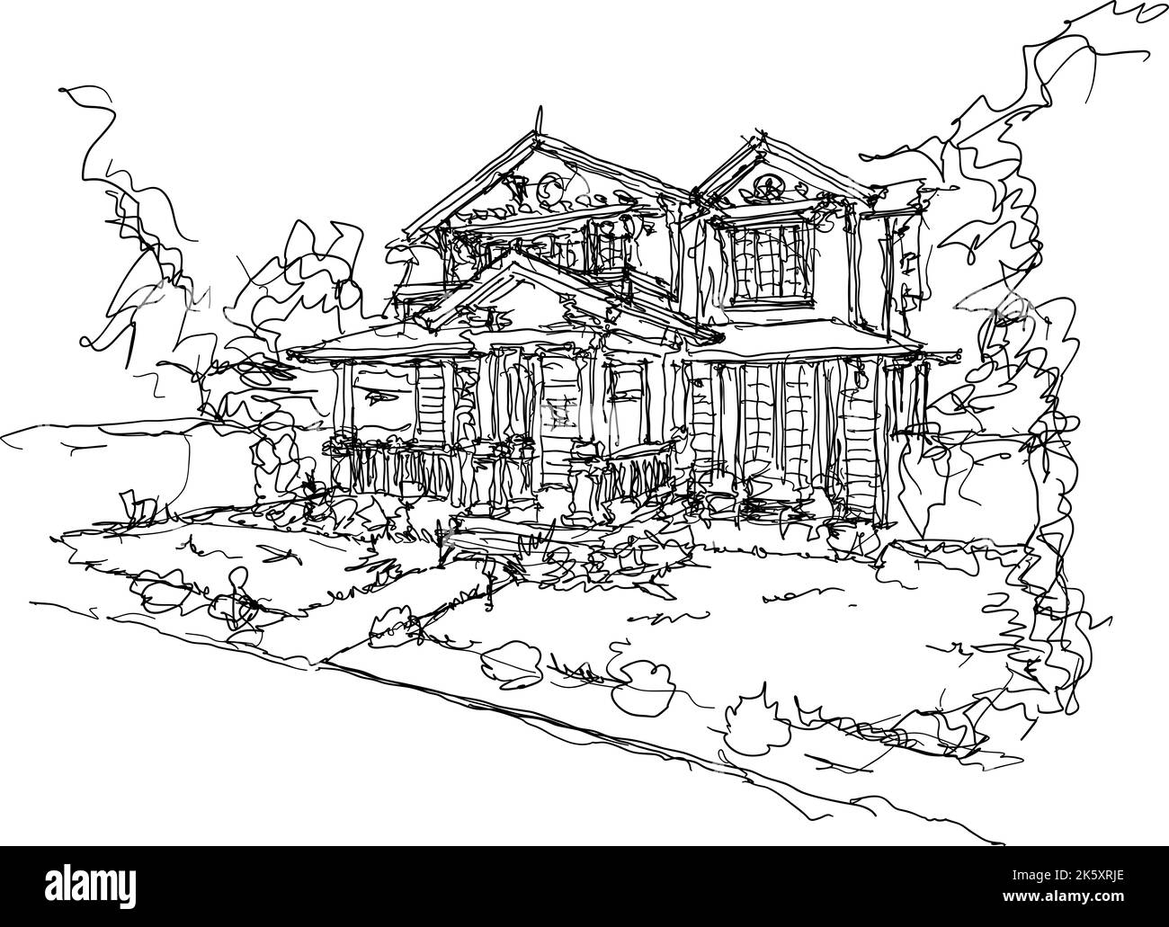 hand drawn architectural sketch of beautiful classic detached village house with garden  and trees Stock Photo