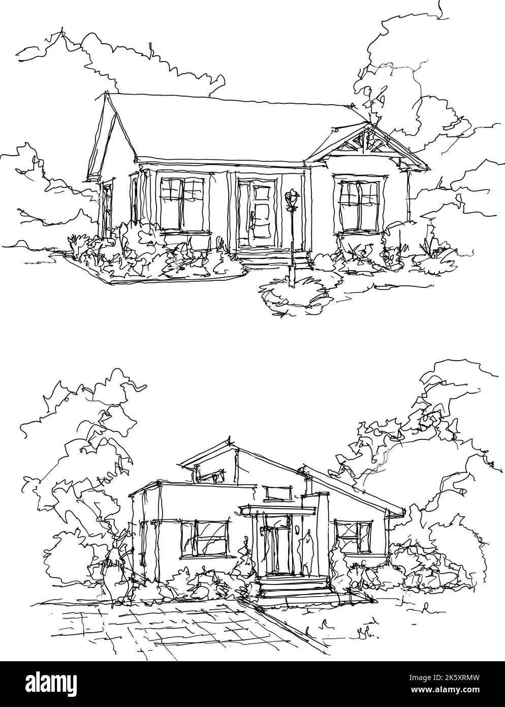 two hand drawn architectural sketches of beautiful classic detached village house with garden  and trees and roof Stock Photo