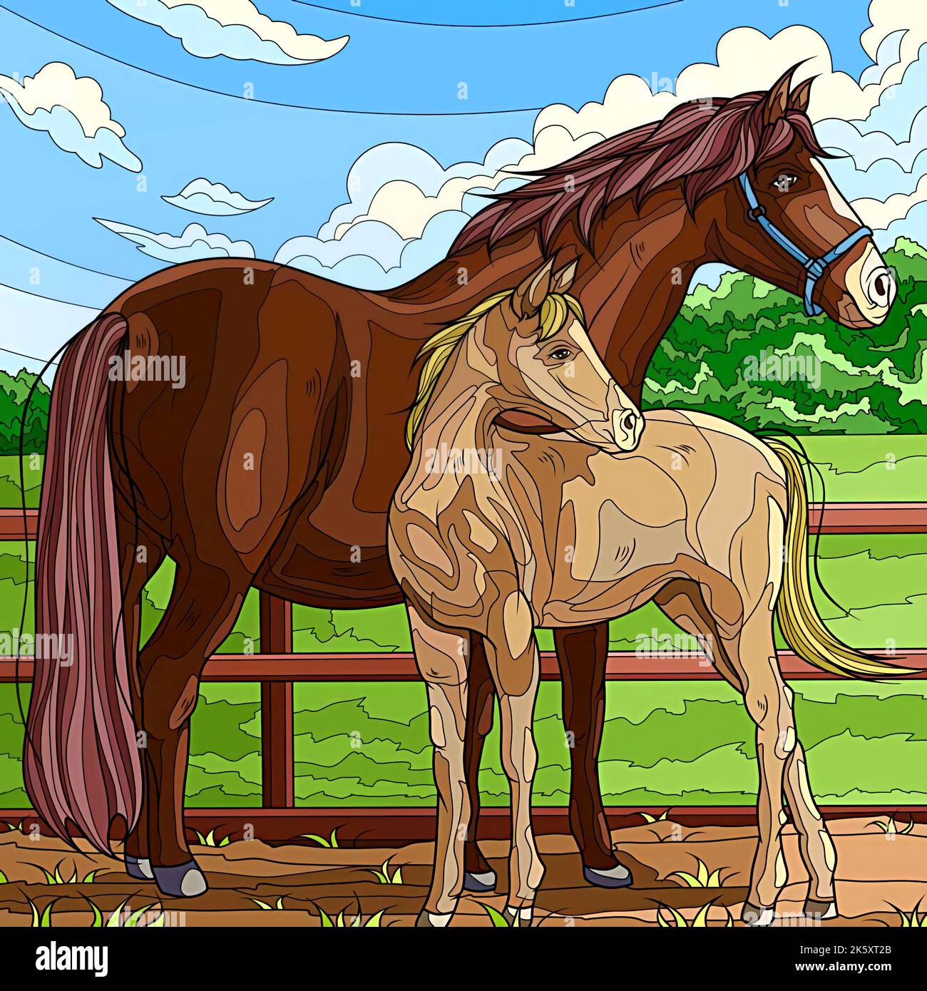 illustration of two horses in the park during the day Stock Photo - Alamy