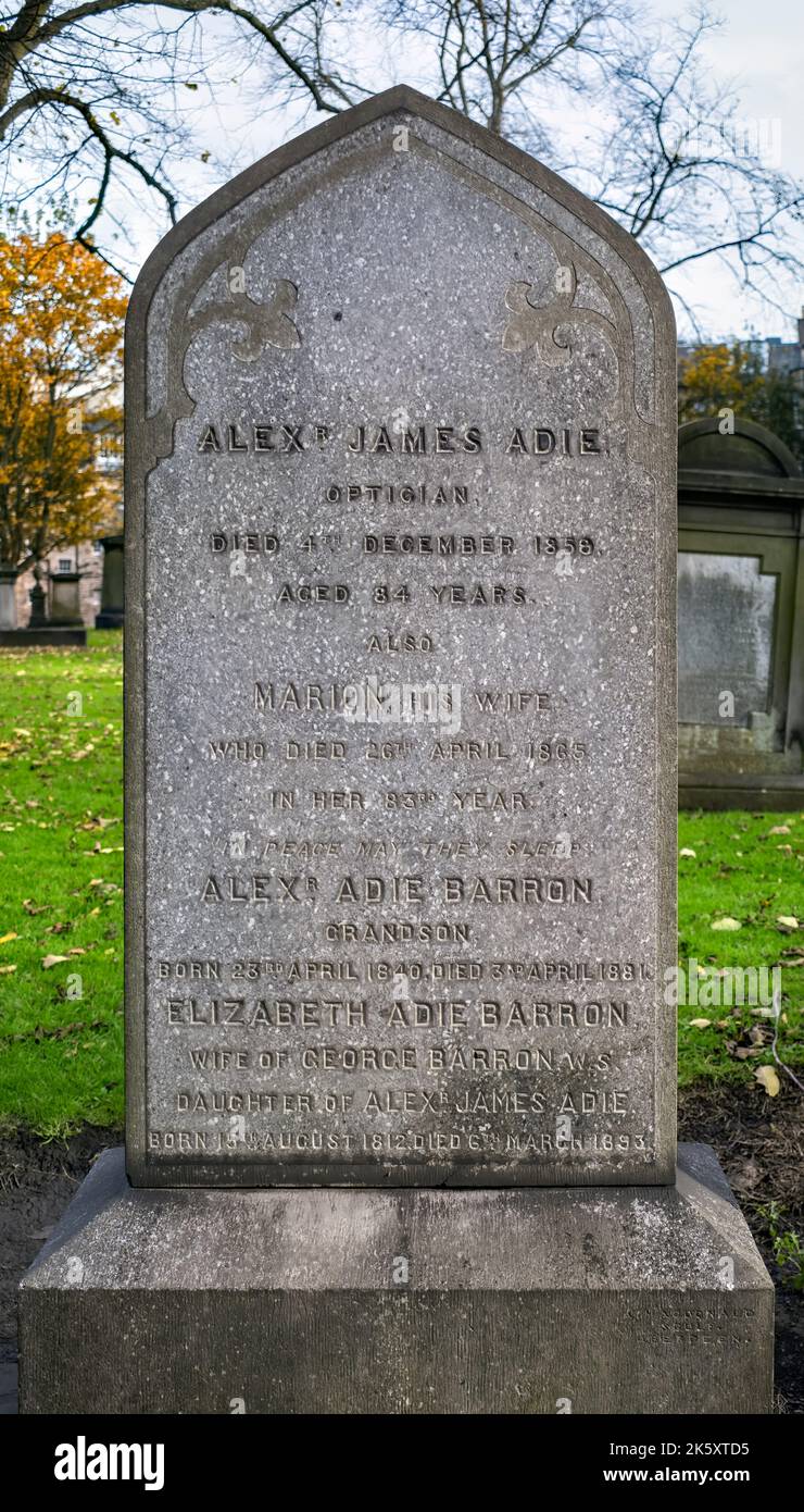 Grave of Alexander James Adie, Optician, Meteoroligist and inventor of the Sympiesometer. Stock Photo