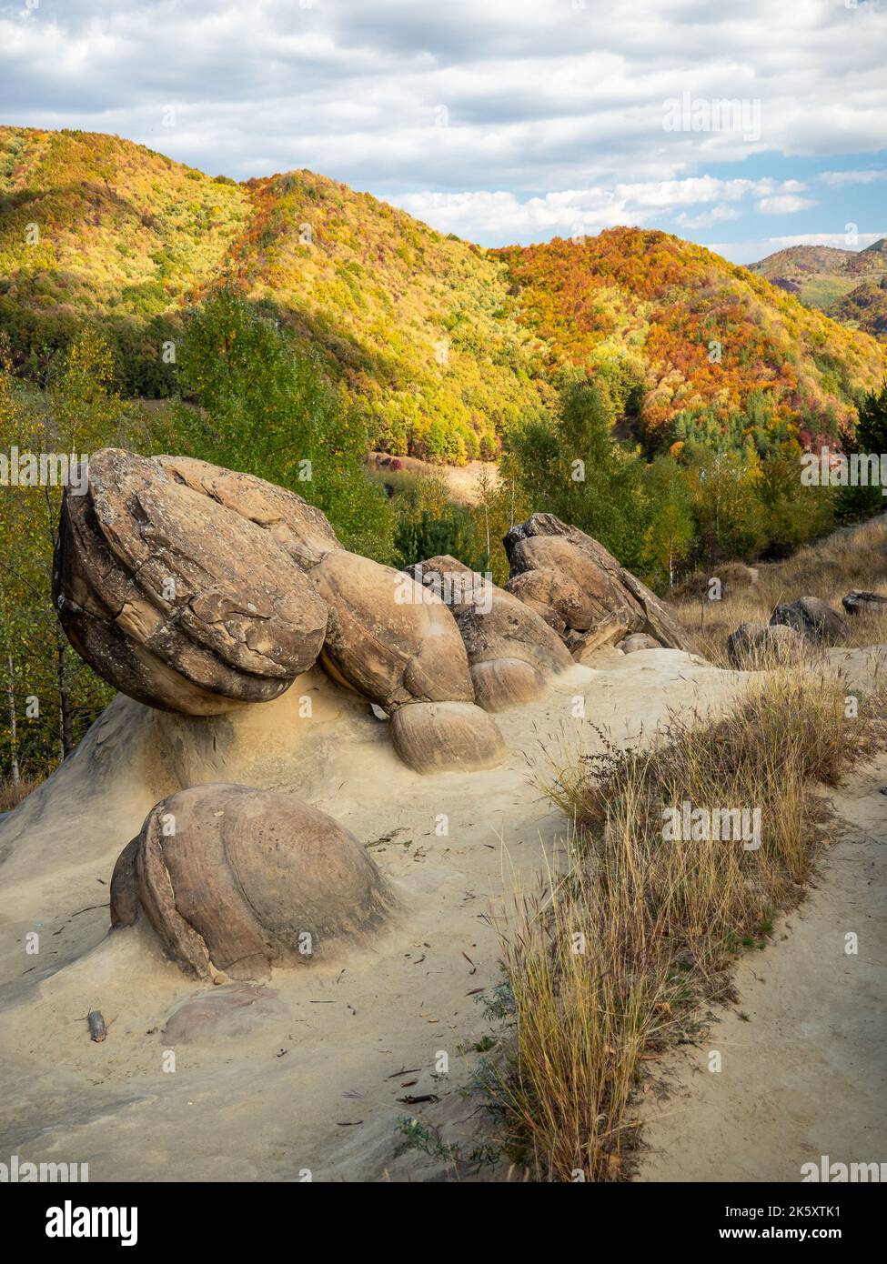 geological sedimentary rocks known as trovanti or the living stones in romanian, Buzau County (Babele de la Ulmet), Romania Stock Photo