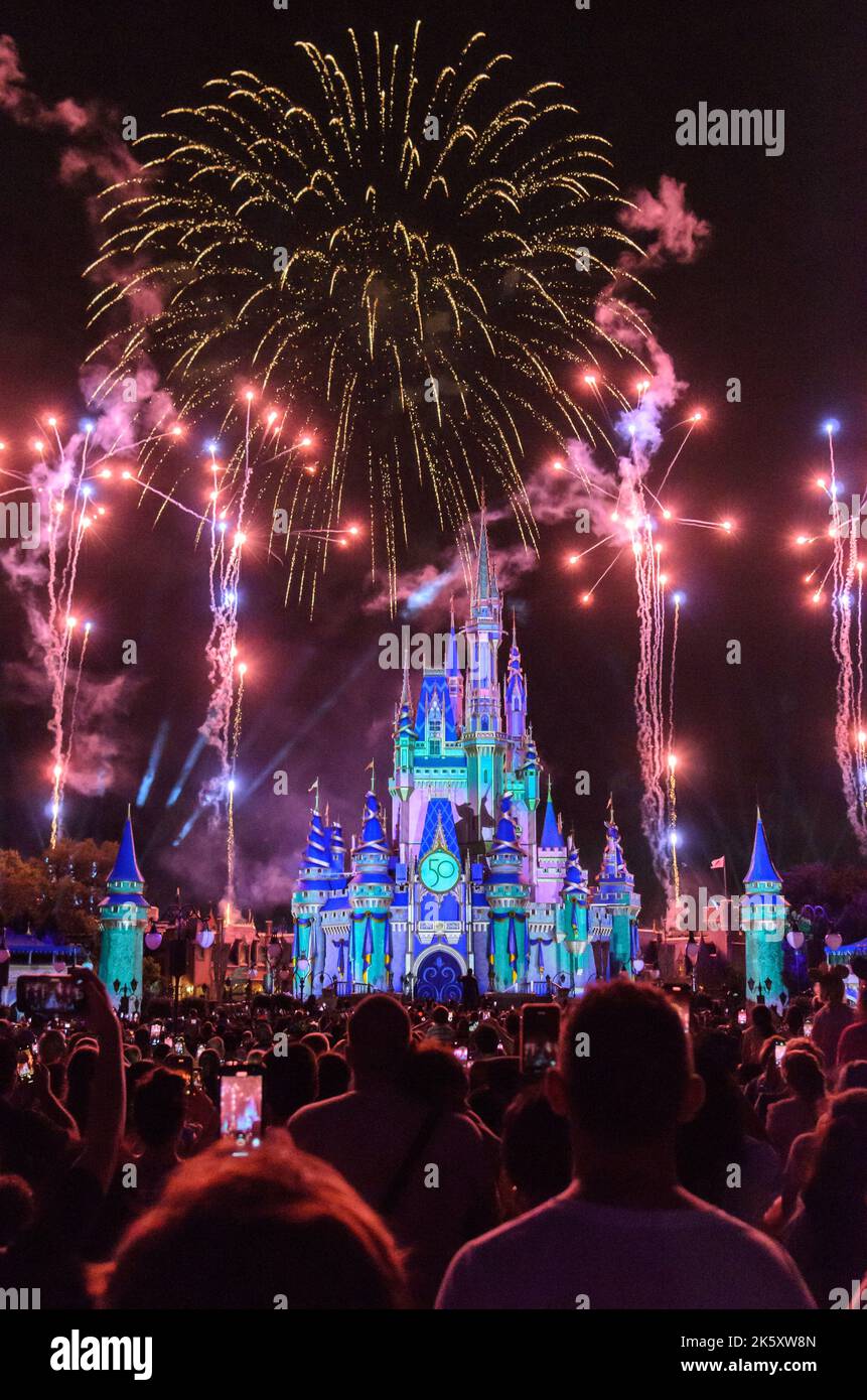 The nightly fireworks display in front of the Disney Castle at Magic Kingdom in Disney World, Orlando, Florida Stock Photo