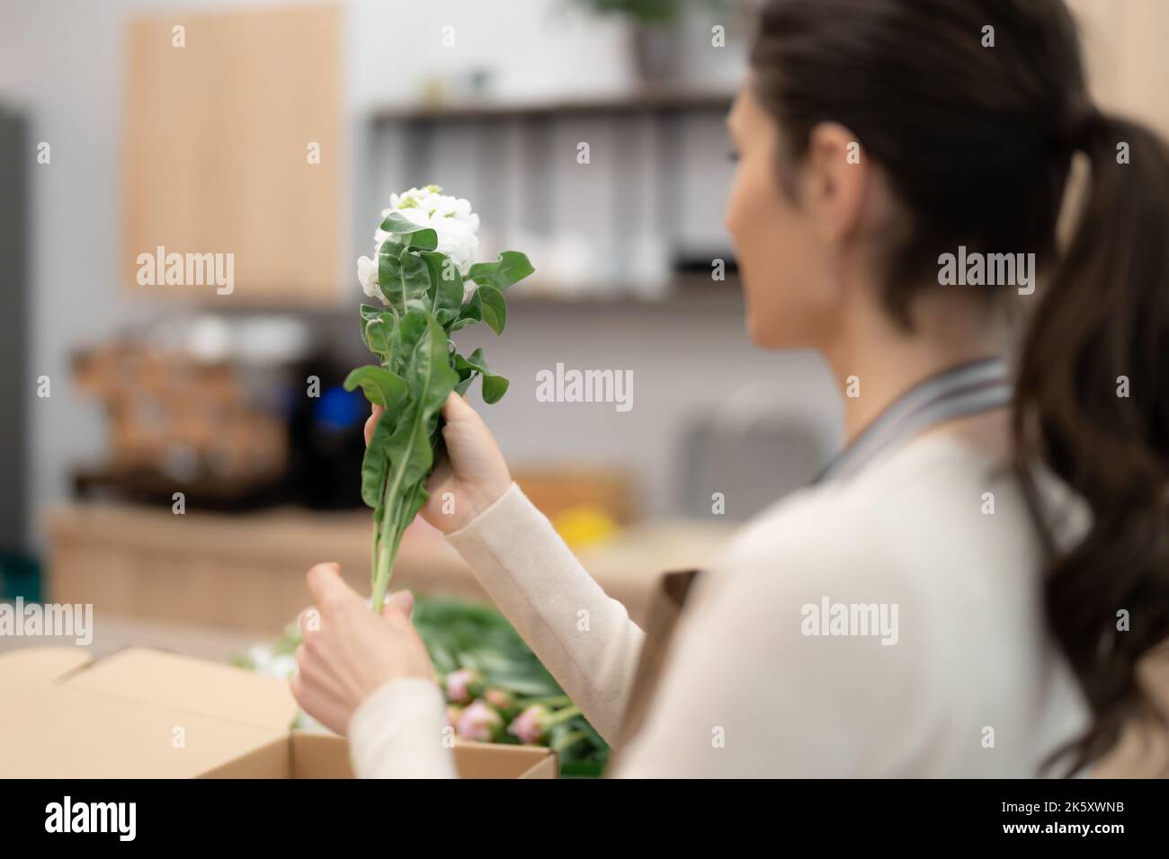 Florist working with flowers making a composition Stock Photo