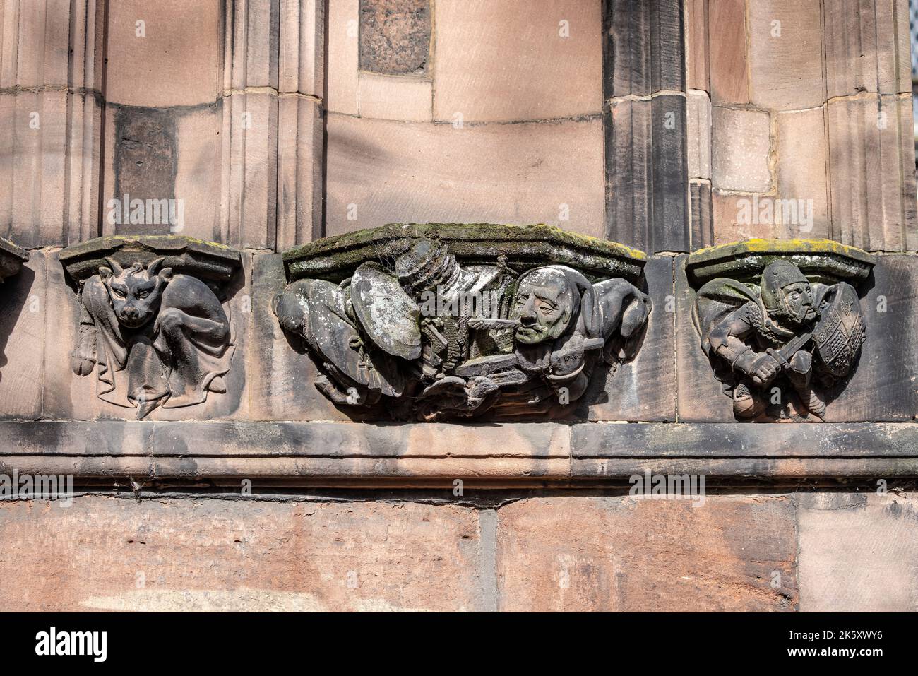 Close up of set of sculpted figures on the exterior of Chester cathedral, Chester, Cheshire, UK on 6 October 2022 Stock Photo
