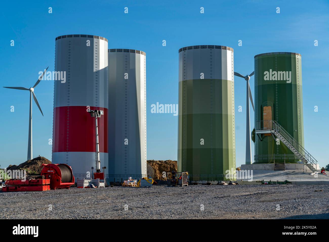Construction site of a new wind turbine, modules of the tower, wind ...