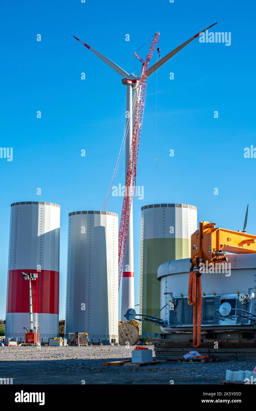 Construction site of a new wind turbine, modules of the tower, wind turbine from the manufacturer Enercon, wind farm near Bad Wünnenberg, NRW, Germany Stock Photo