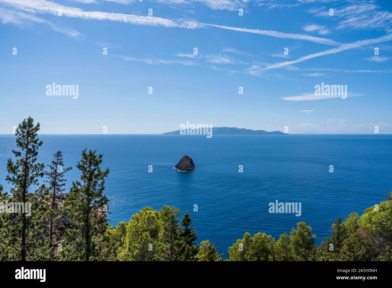 Giglio Island seen from Monte Argentario along the panoramic road, on a sunny bright day, Tuscany region, Italy Stock Photo