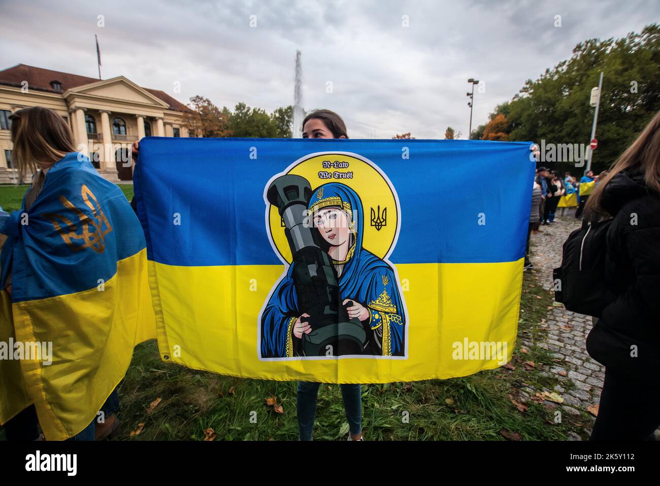 Munich, Bavaria, Germany. 10th Oct, 2022. The Saint Javelin flag which is  also associated with NAFO- an online counter-propaganda meme army. In the  wake of the bombing of the Kerch (Crimea) Bridge, image size:1300x957