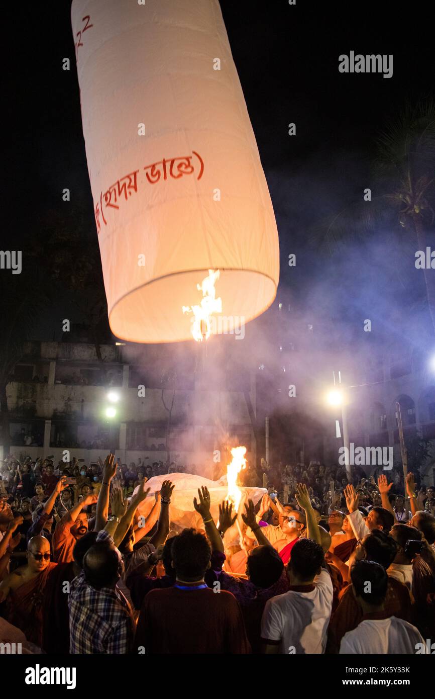 Candid photography Of Lanterns Being Released During the Probarona Purnima Festival At Mukda Buddhist Temple, Dhaka, Bangladesh. This image was captur Stock Photo