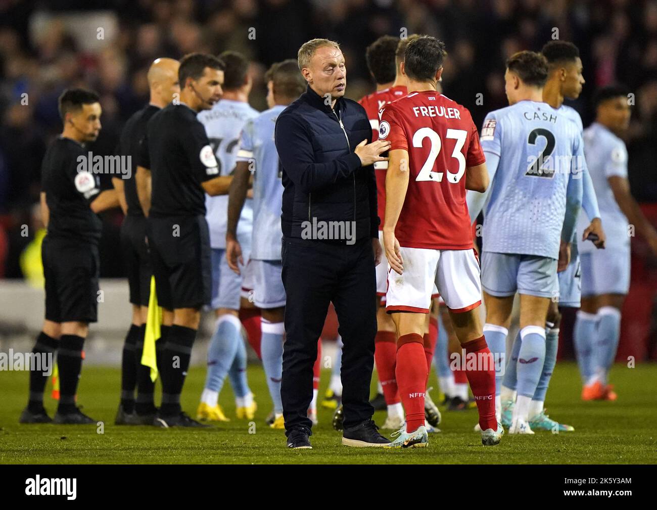Nottingham Forest manager Steve Cooper greets Remo Freuler following the Premier League match at City Ground, Nottingham. Picture date: Monday October 10, 2022. Stock Photo