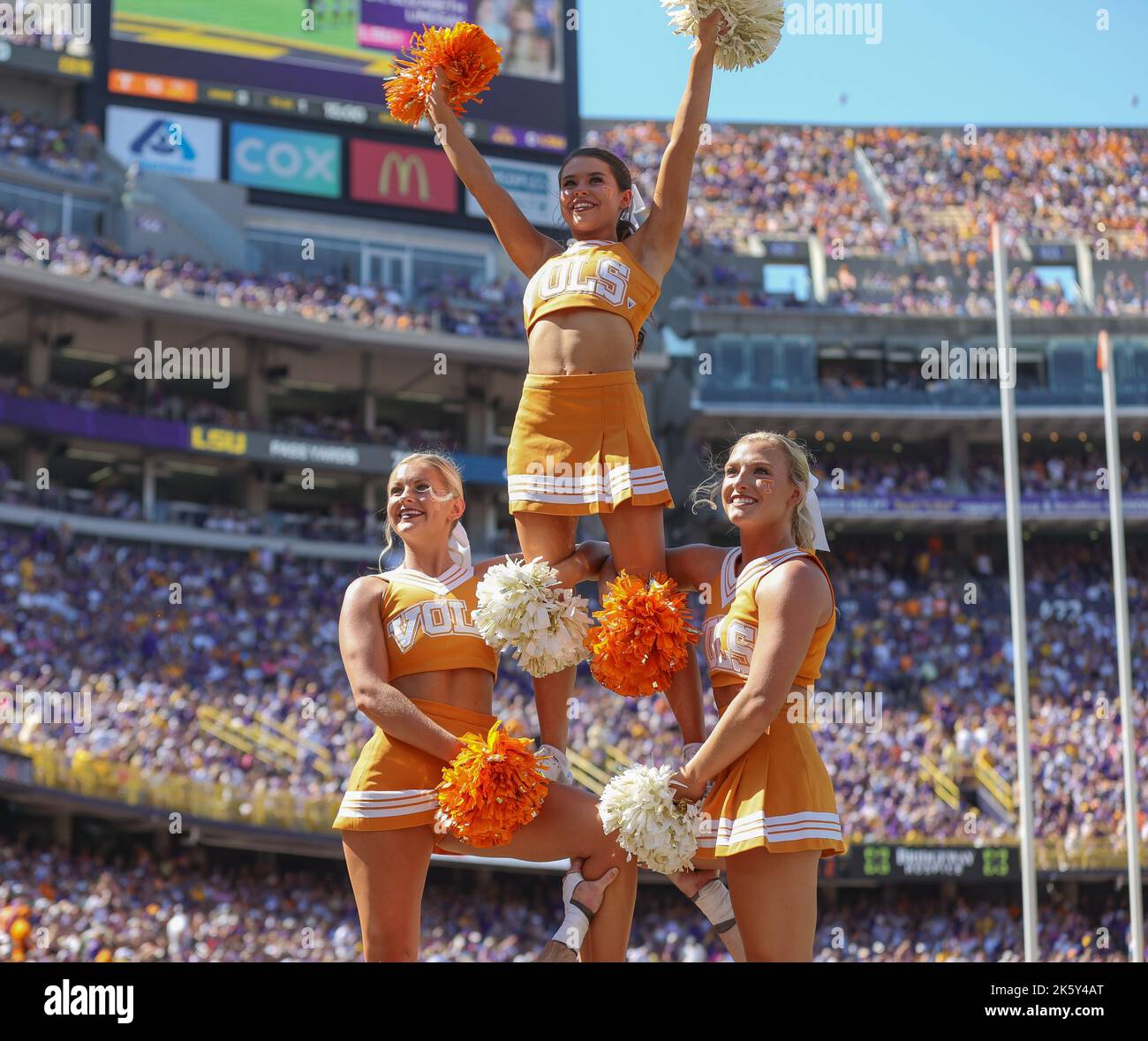 Baton Rouge, LA, USA. 8th Oct, 2022. The Tennessee cheerleaders perform in front of the Volunteer fans during the NCAA football game between the Tennessee Volunteers and LSU Tigers at Tiger Stadium in Baton Rouge, LA. Kyle Okita/CSM/Alamy Live News Stock Photo