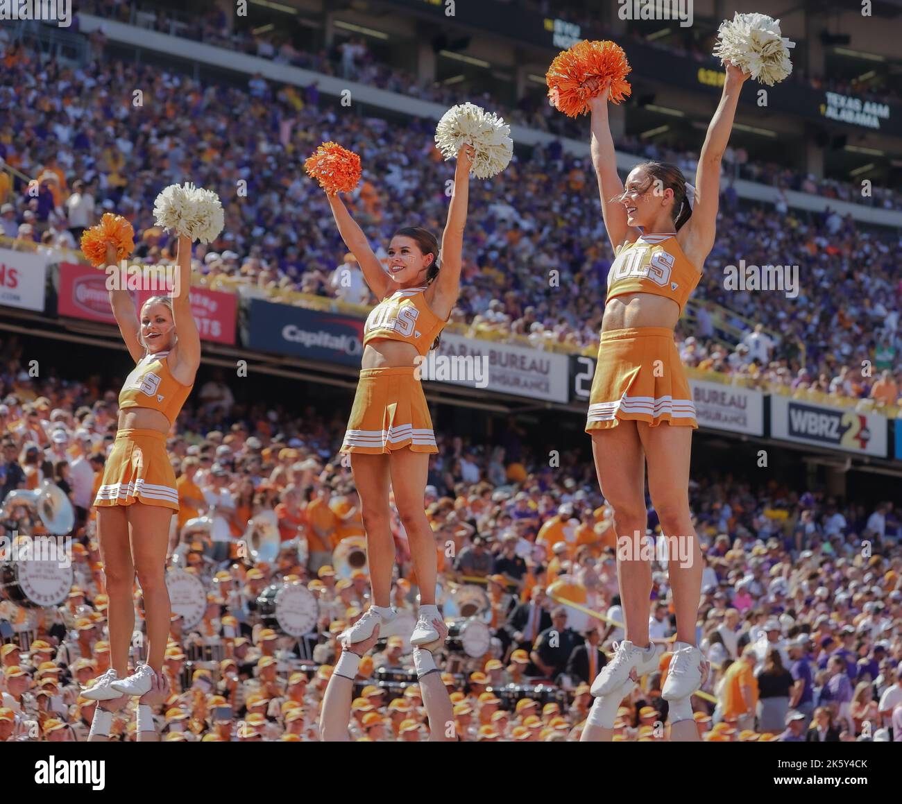 Baton Rouge, LA, USA. 8th Oct, 2022. The Tennessee cheerleaders perform for the Volunteer crowd during the NCAA football game between the Tennessee Volunteers and LSU Tigers at Tiger Stadium in Baton Rouge, LA. Kyle Okita/CSM/Alamy Live News Stock Photo