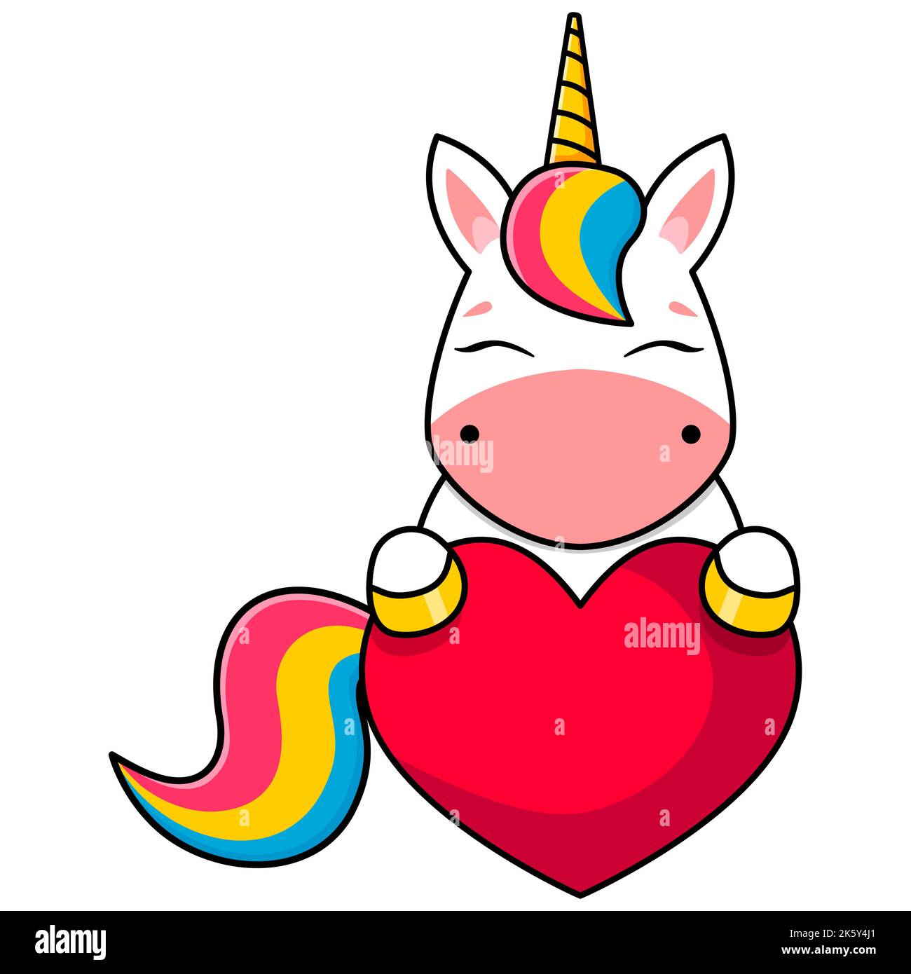 Cute cartoon unicorn sticker. The unicorn is holding a red heart. Baby vector illustration. Stock Vector