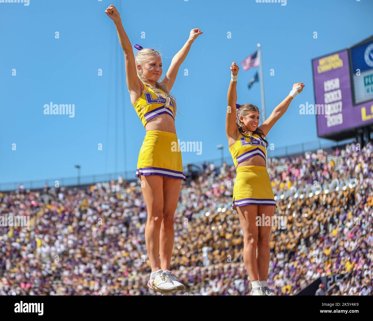 Baton Rouge, LA, USA. 8th Oct, 2022. The LSU cheerleaders do a coupie contest on the sidelines during the NCAA football game between the Tennessee Volunteers and LSU Tigers at Tiger Stadium in Baton Rouge, LA. Kyle Okita/CSM/Alamy Live News Stock Photo