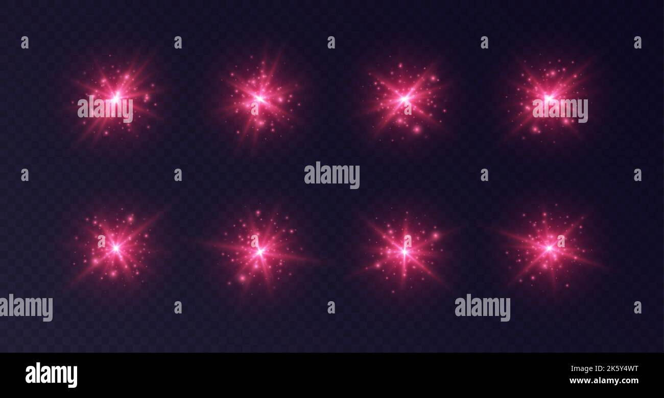 Lens flares with sparkles, red starbursts set, shiny camera flashes