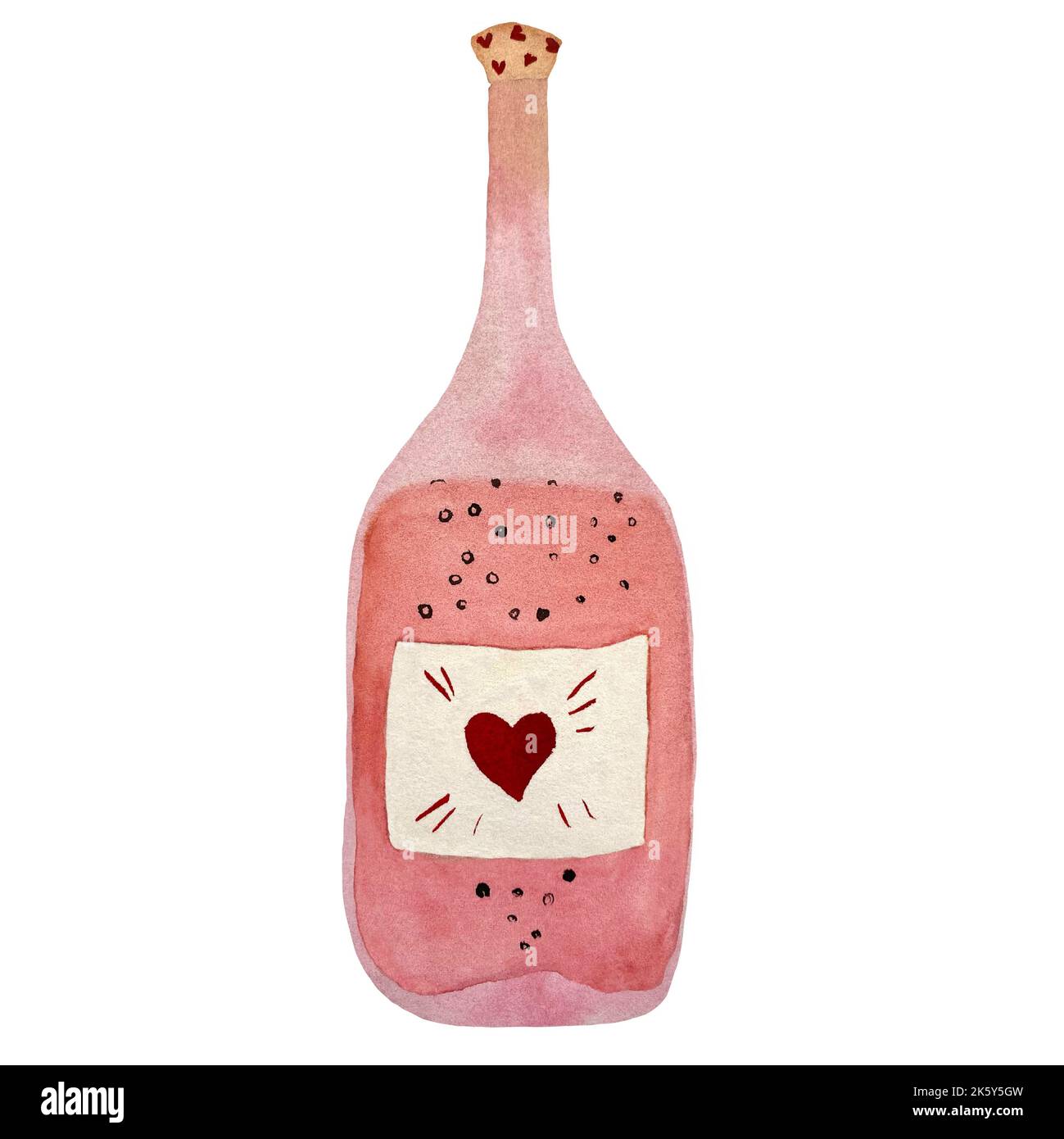Pink cute Valentines bottle with red heart watercolor illustration. Hand drawn picture for to use in design, home decor, fabrics, prints, textile, car Stock Photo