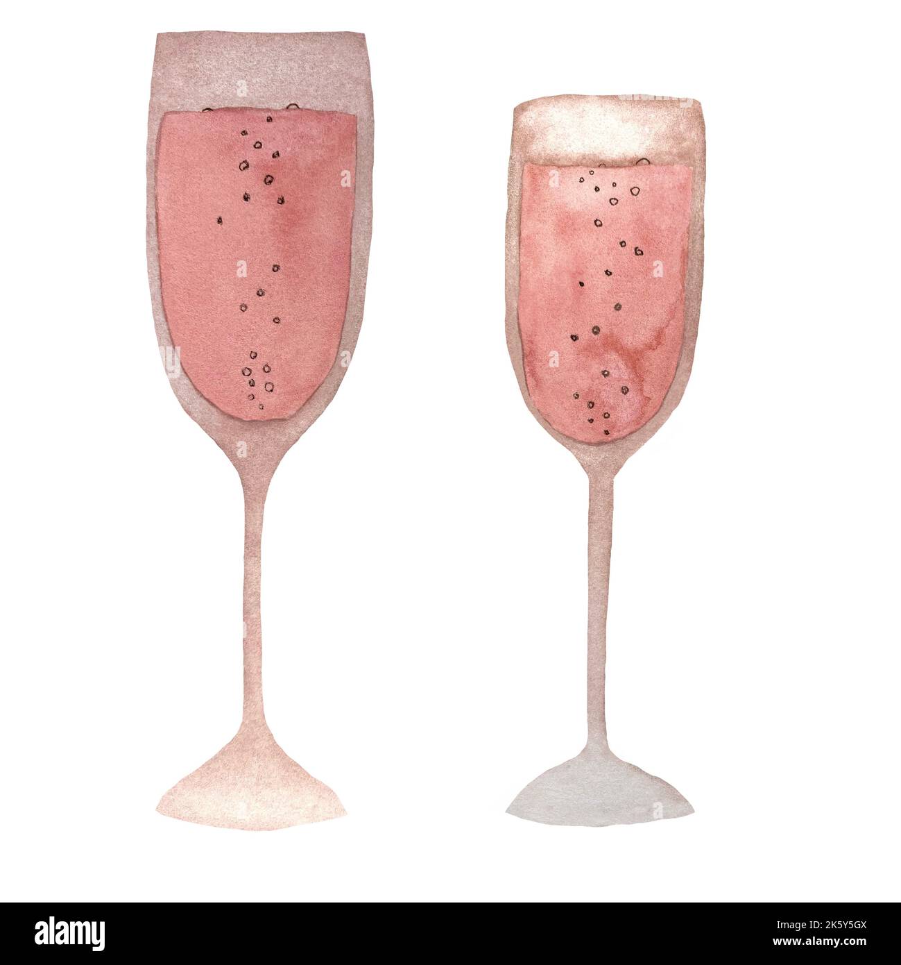 Pink Valentines tall glasses watercolor illustration. High quality hand drawn picture for to use in design, home decor, fabrics, prints, textile, card Stock Photo