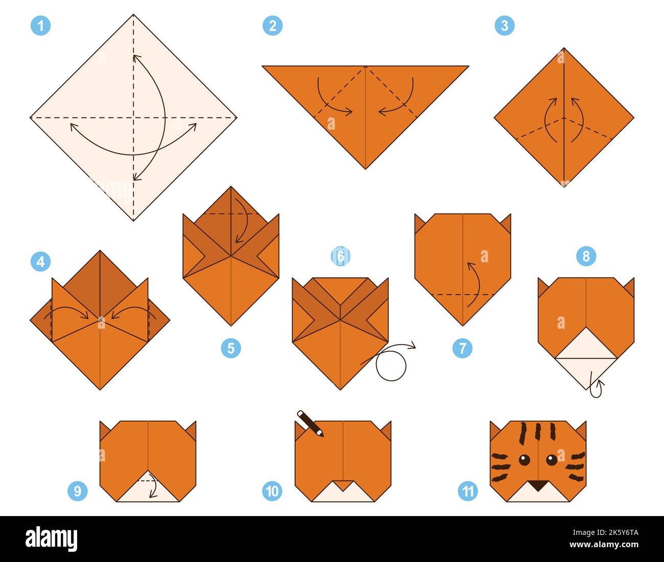 Origami tutorial. Origami scheme for kids. Tiger Stock Vector Image
