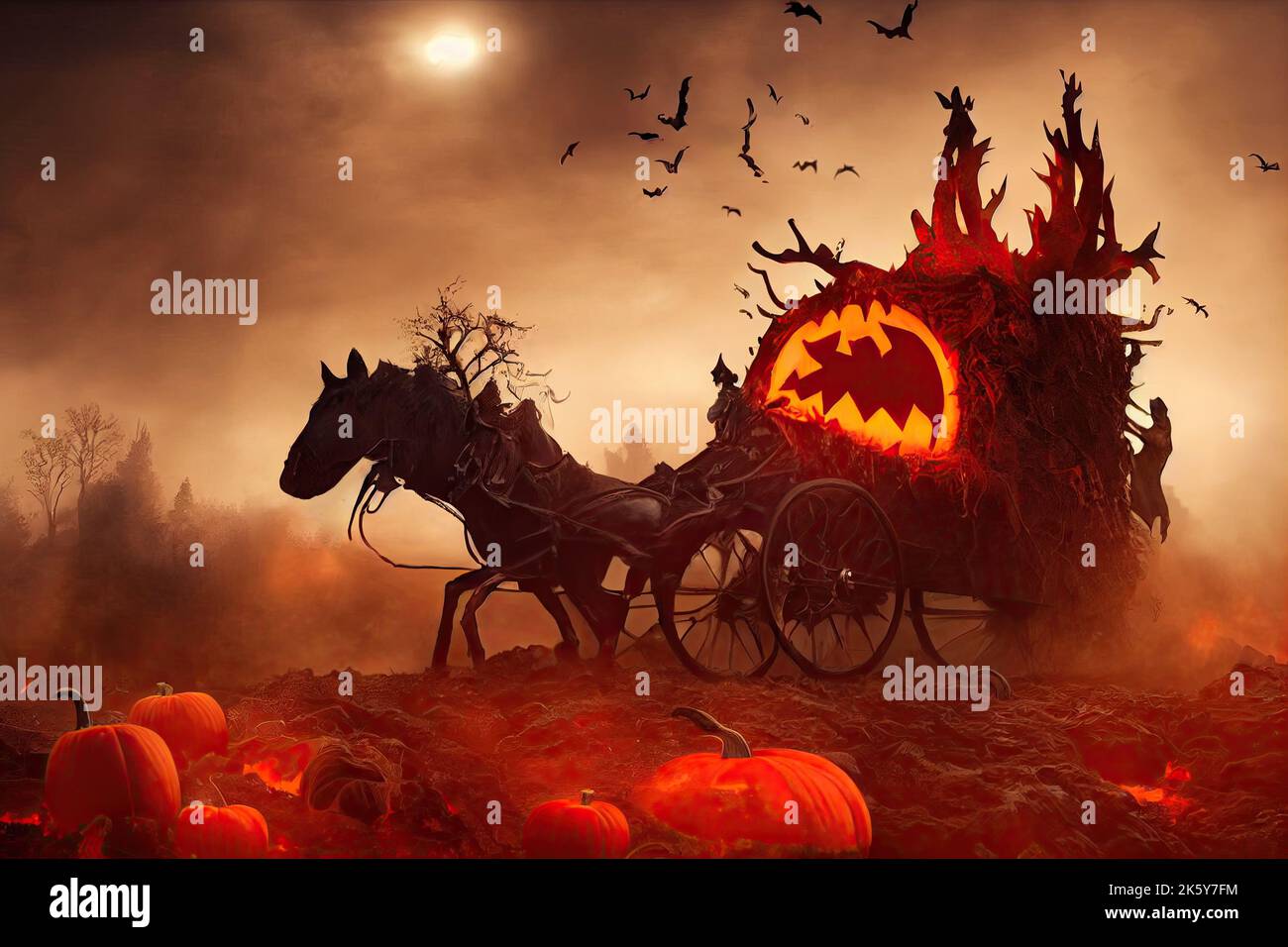 zombie horsedrawn carriage made of Halloween pumpkin, running in a