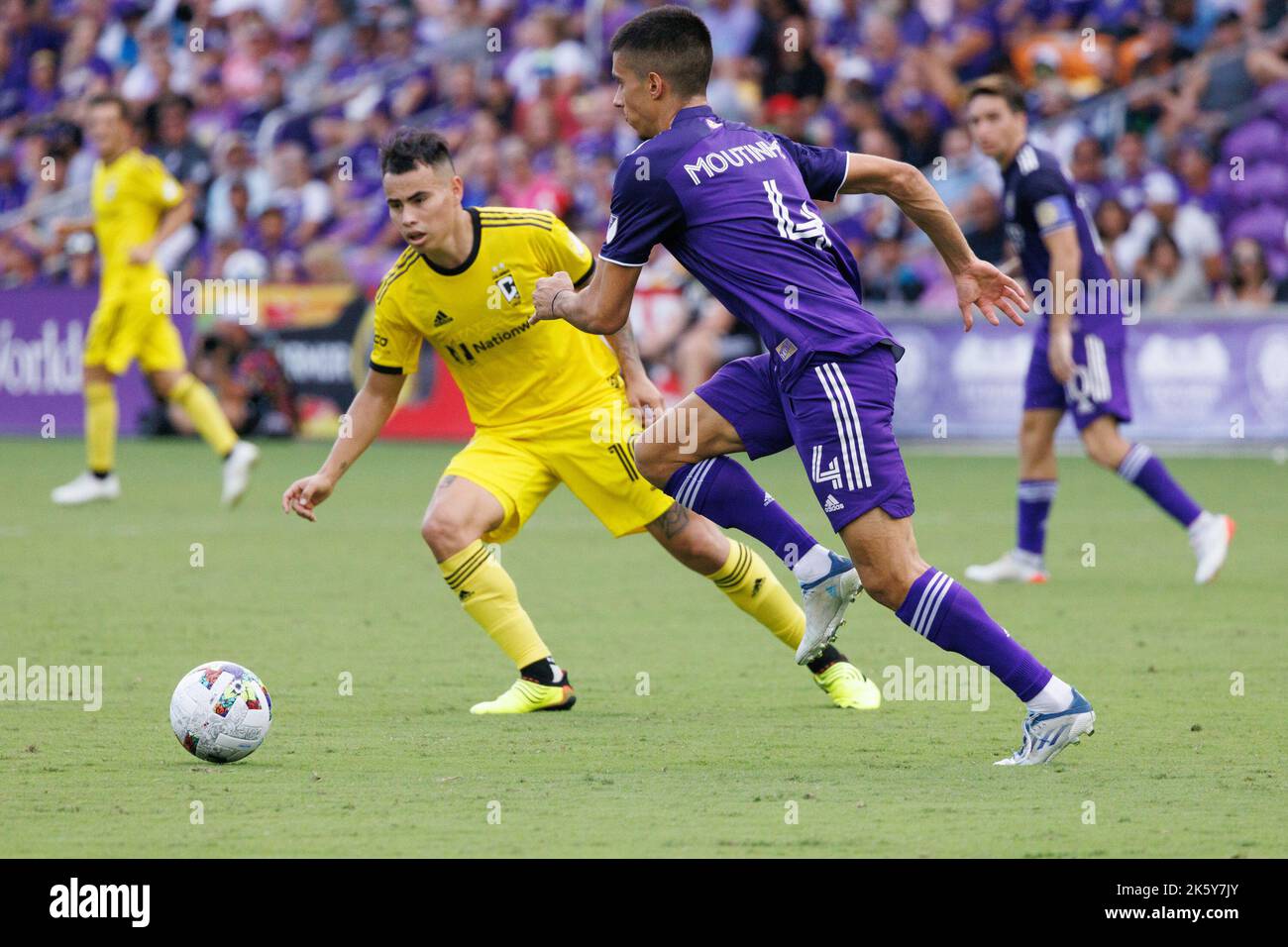 ORLANDO, FL - OCTOBER 9: Mountinho of Orlando City drives the ball during MLS 2022 match between Orlando City  and Columbus Crew at Orlando on October 9, 2022 in Exploria Stadium, Orlando, FL. (Photo by Aaron Litz/PxImages) Stock Photo