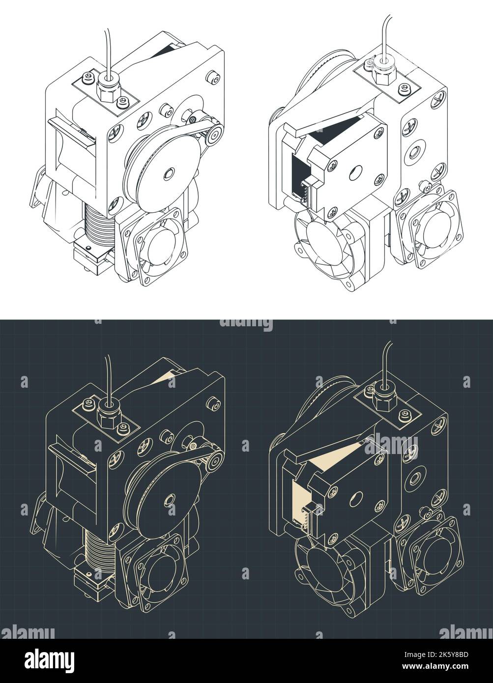 Stylized vector illustrations of isometric blueprints of 3d printer extruder Stock Vector
