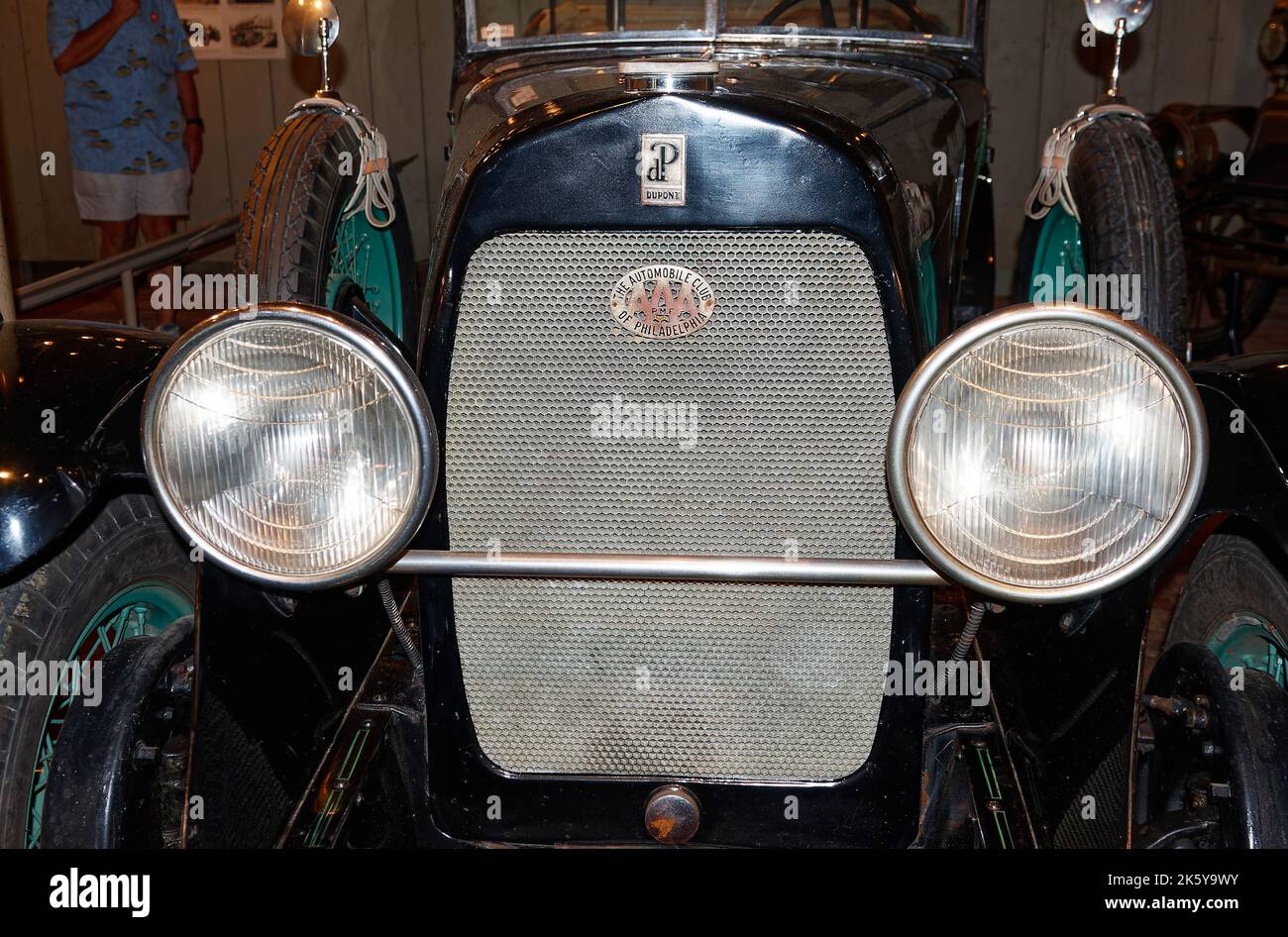 Phaeton, antique car, 1928, convertible, close-up, black, transportation, DuPont Motors, The Automobile Club of Philadelphia sign, Hagley Museum, Dela Stock Photo