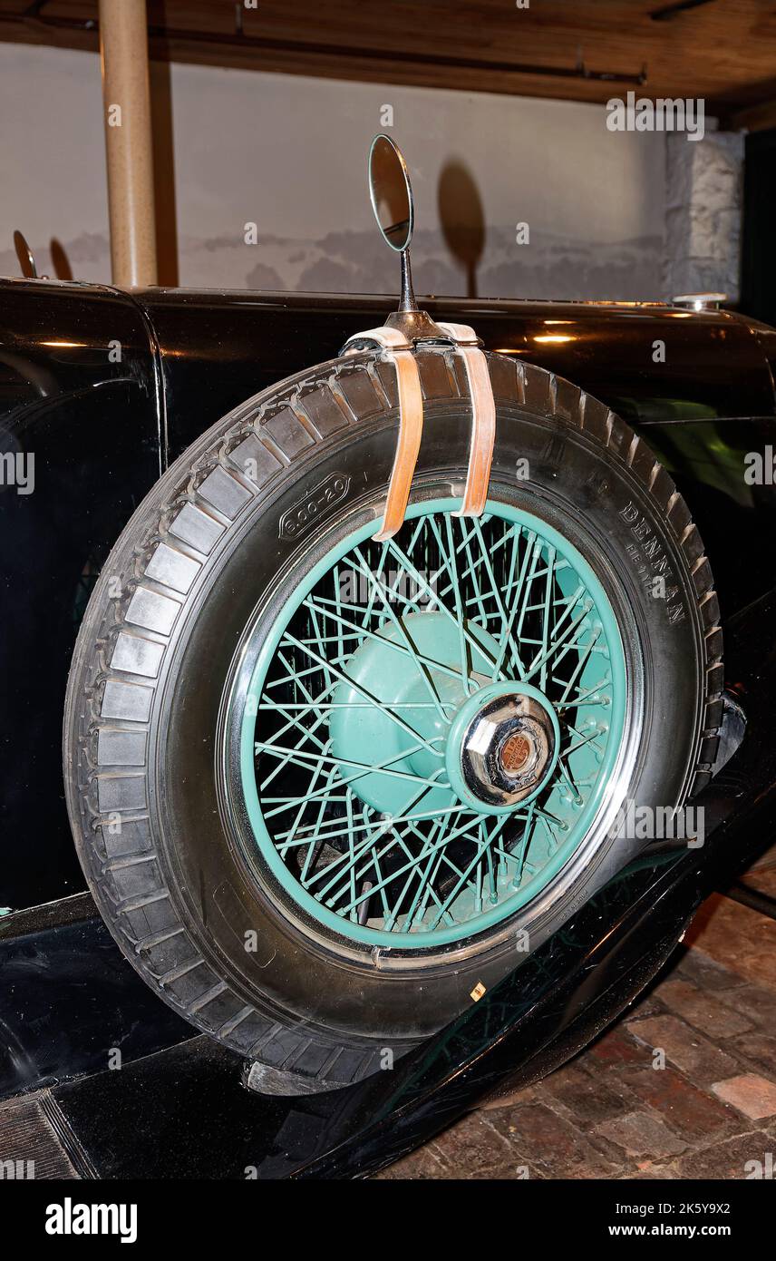 spare tire, mirror, close-up, Phaeton, antique, classic car, transportation, Hagley Museum, Delaware, Wilmington, DE Stock Photo