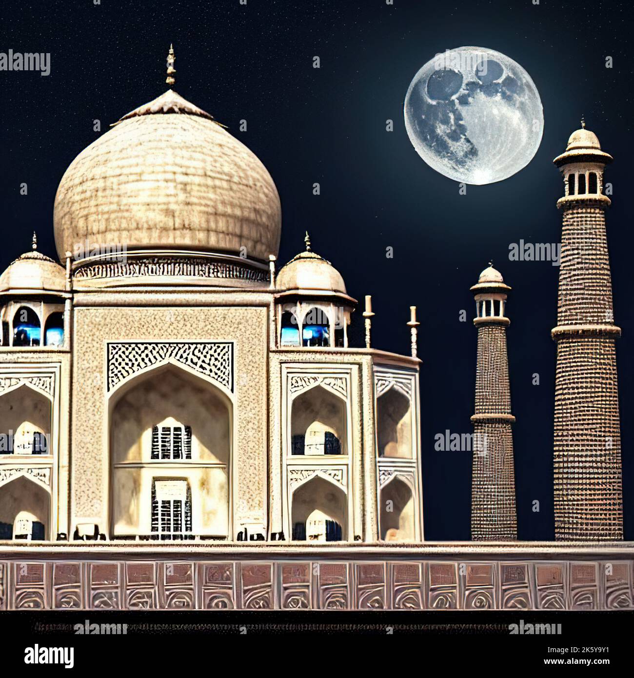 An illustration of the Taj Mahal landmark during nighttime Stock Photo