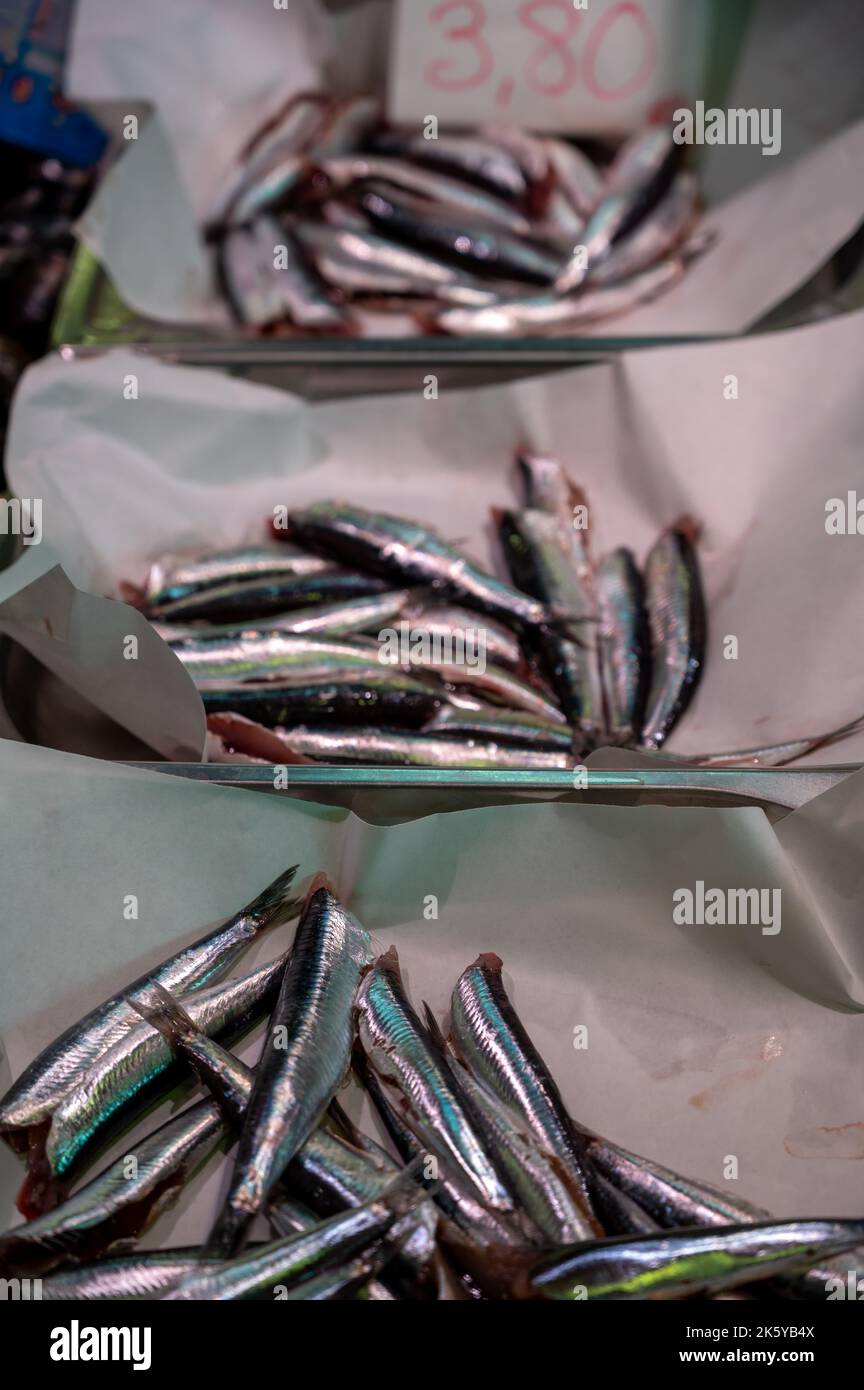 Fillets of fresh small salted anchovies fish on fish market in Bilbao, Basque Country, Spain