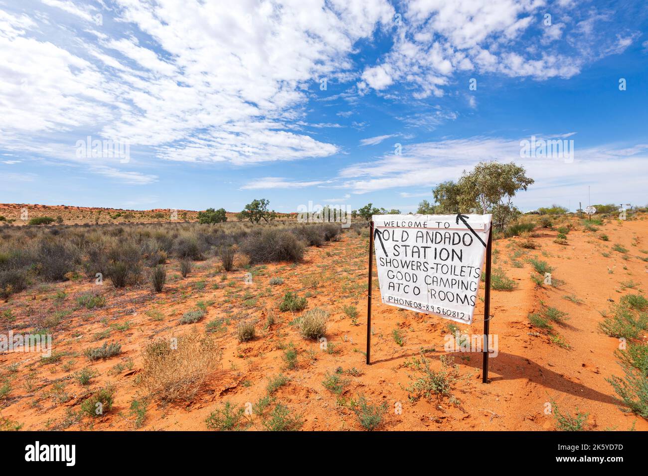 Sign for Old Andado Station in the Australian Outback, Northern Territory, NT, Australia Stock Photo