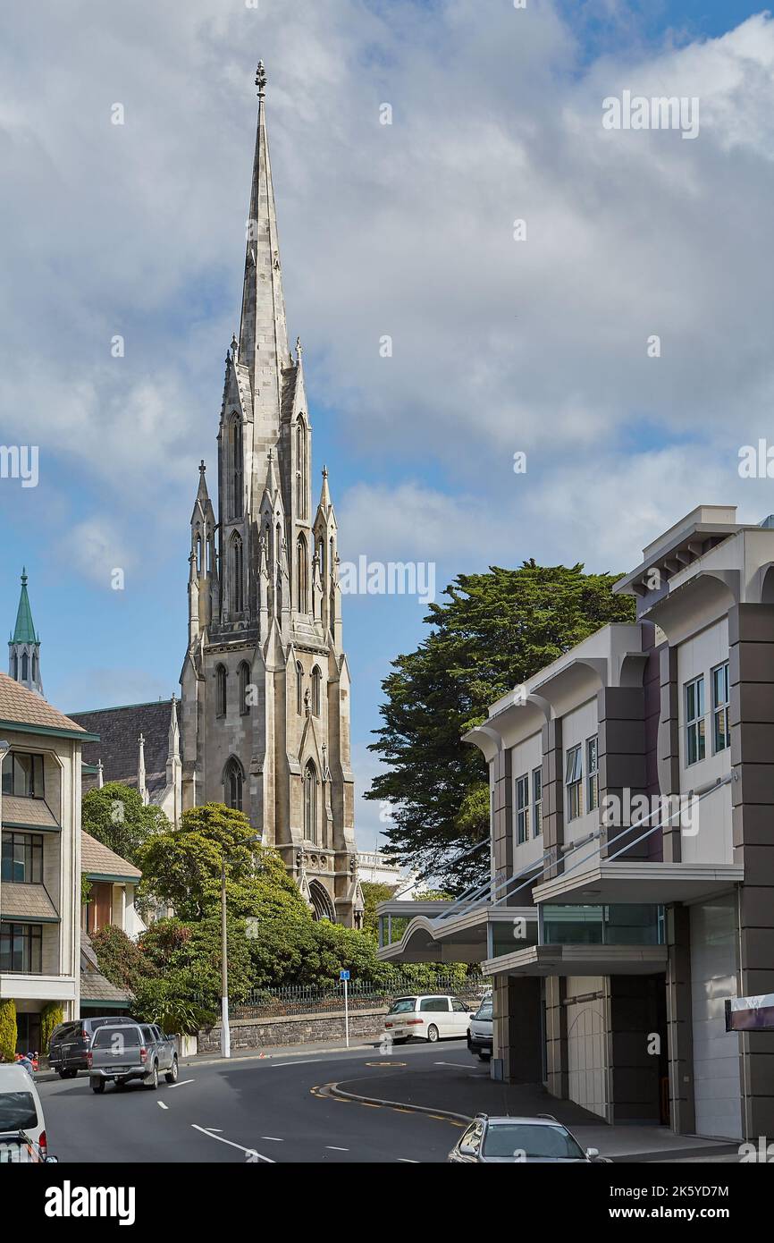 Church tower, blue sky, Dunedin Stock Photo Alamy