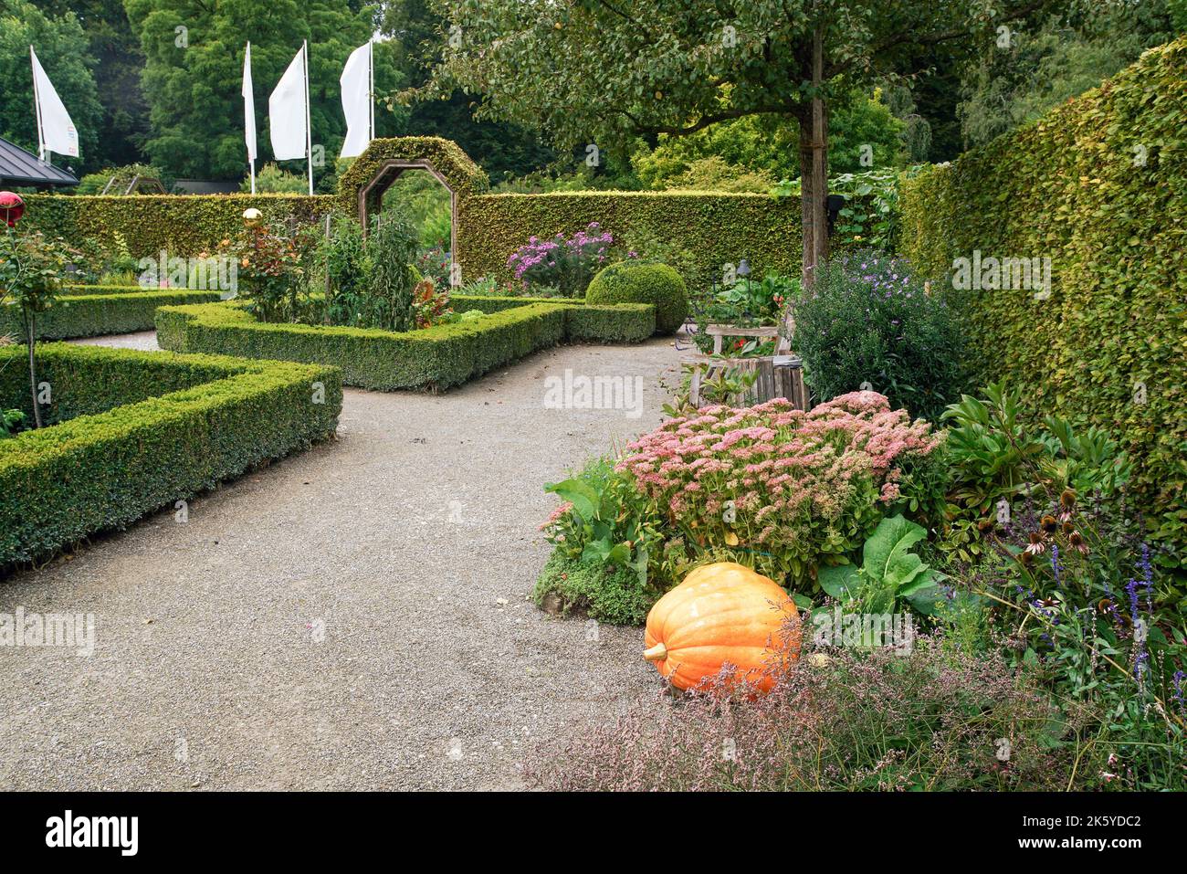 Excellent garden in Augsburg Botanical Garden with orange pumpkin and ...