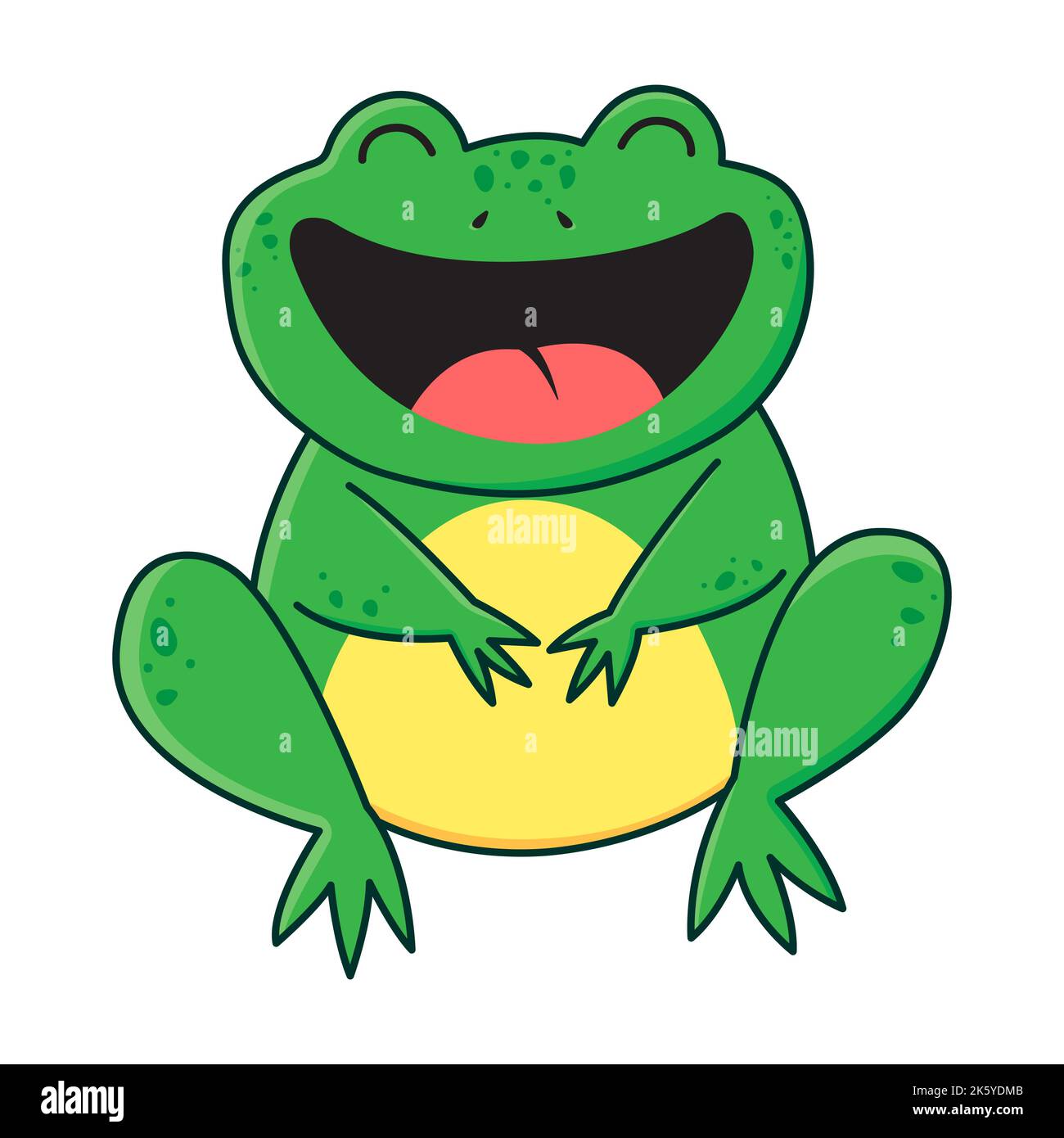 Cartoon frog laughs. Happy frog sits. Simple flat vector illustration. Stock Vector