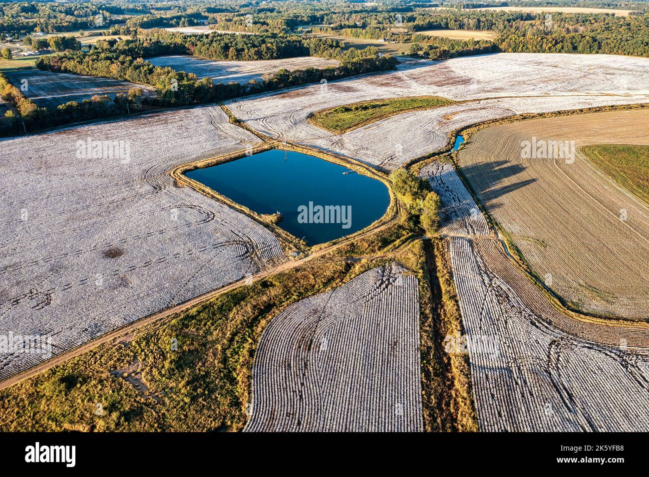Aerial view of a cotton field with a irrigation pond and creek in