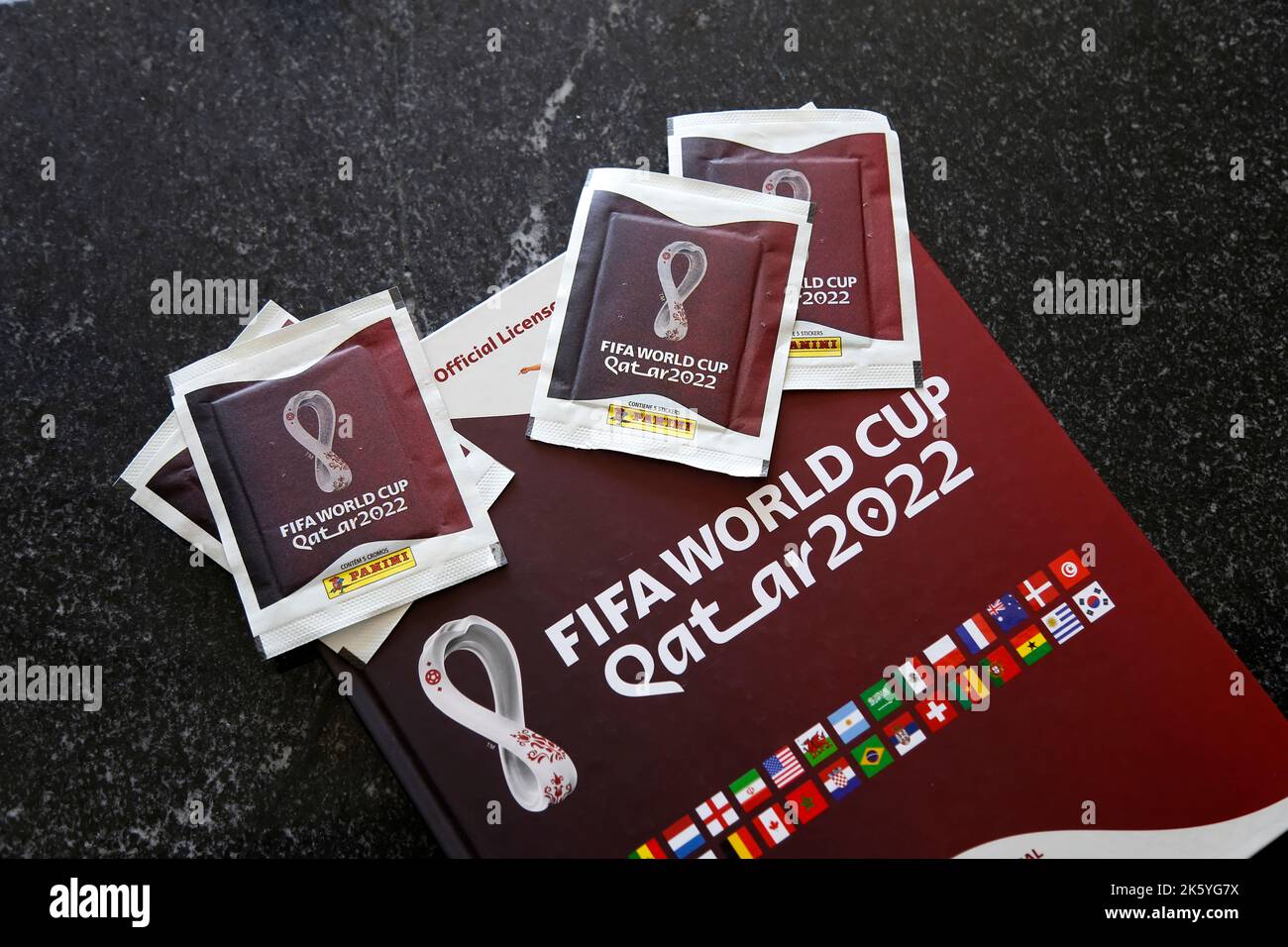 Minas Gerais, Brazil - September 07, 2022: Selective focus of stickers and Panini 2022 FIFA World Cup Qatar Official licensed sticker album Stock Photo