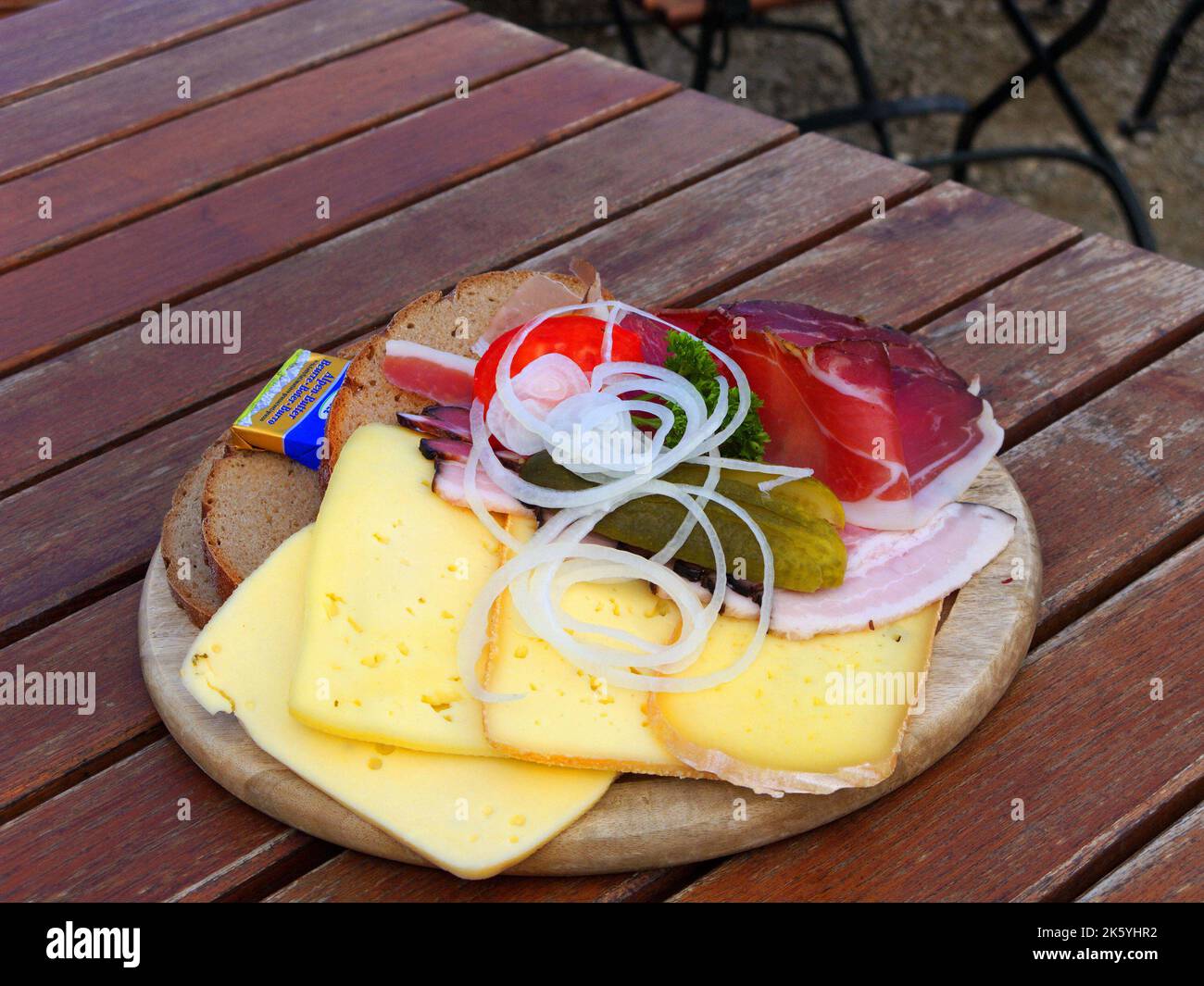 Bavarian cold food dish served in Alp restaurants with Ham Cheese and Bread, Upper Bavaria, Germany Stock Photo